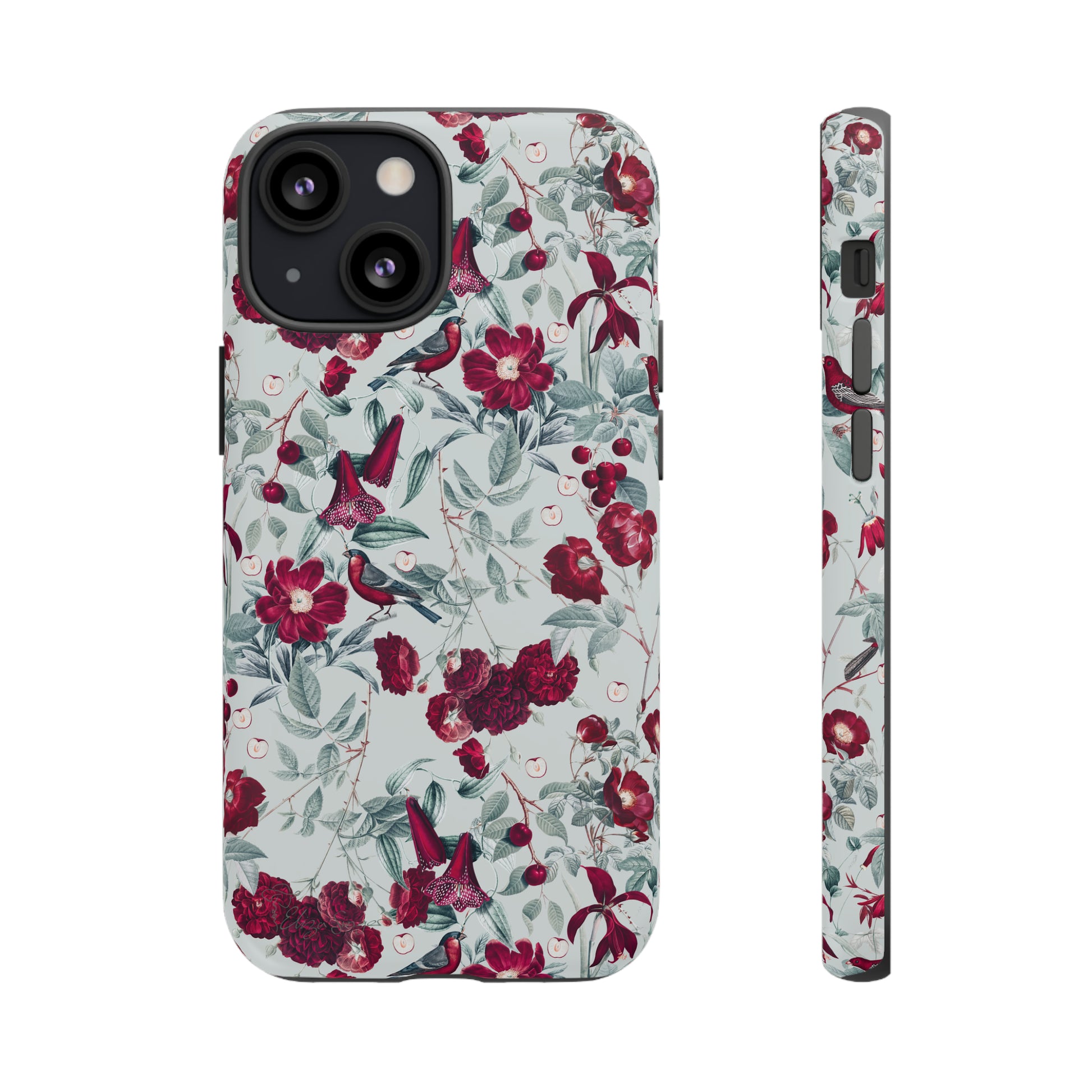 Cherry Blossom Serenade: Cherish nature's beauty with 'Cherry Blossom Serenade.' This iPhone case features flowers and burgundy birds on a blue background, creating a captivating floral wildlife bird and flower design. Elevate your device with this enchanting and stylish protective cover. #ElizaSinger #PhoneCase #FloralDesign