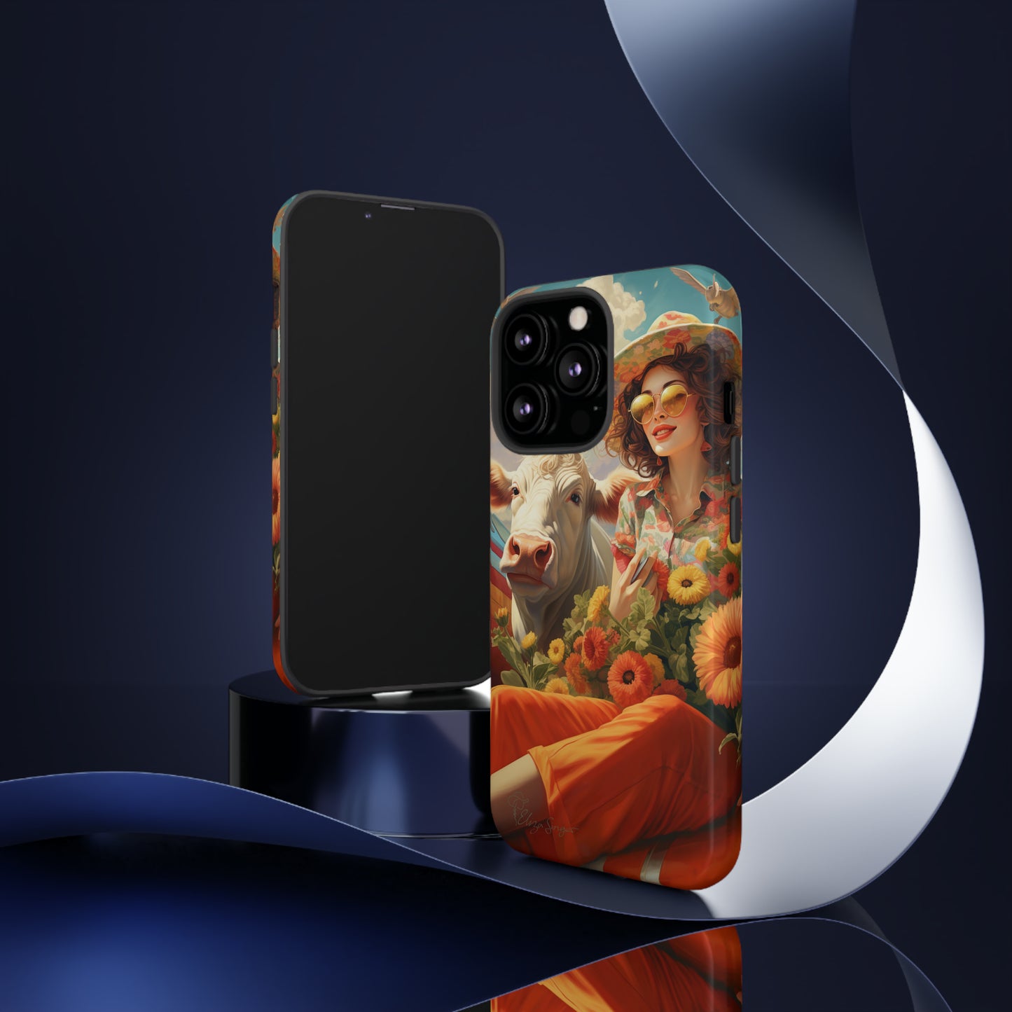 Timeless Retro Charm: Step back in time with our Tough Western Cell Phone Case. Featuring a vintage and bright design, a woman in a hat with daisies is accompanied by a cow looking over her shoulder. Experience the perfect blend of retro aesthetics and durability. Elevate your style with a touch of nostalgia. #ElizaSinger #PhoneCase #RetroStyle 