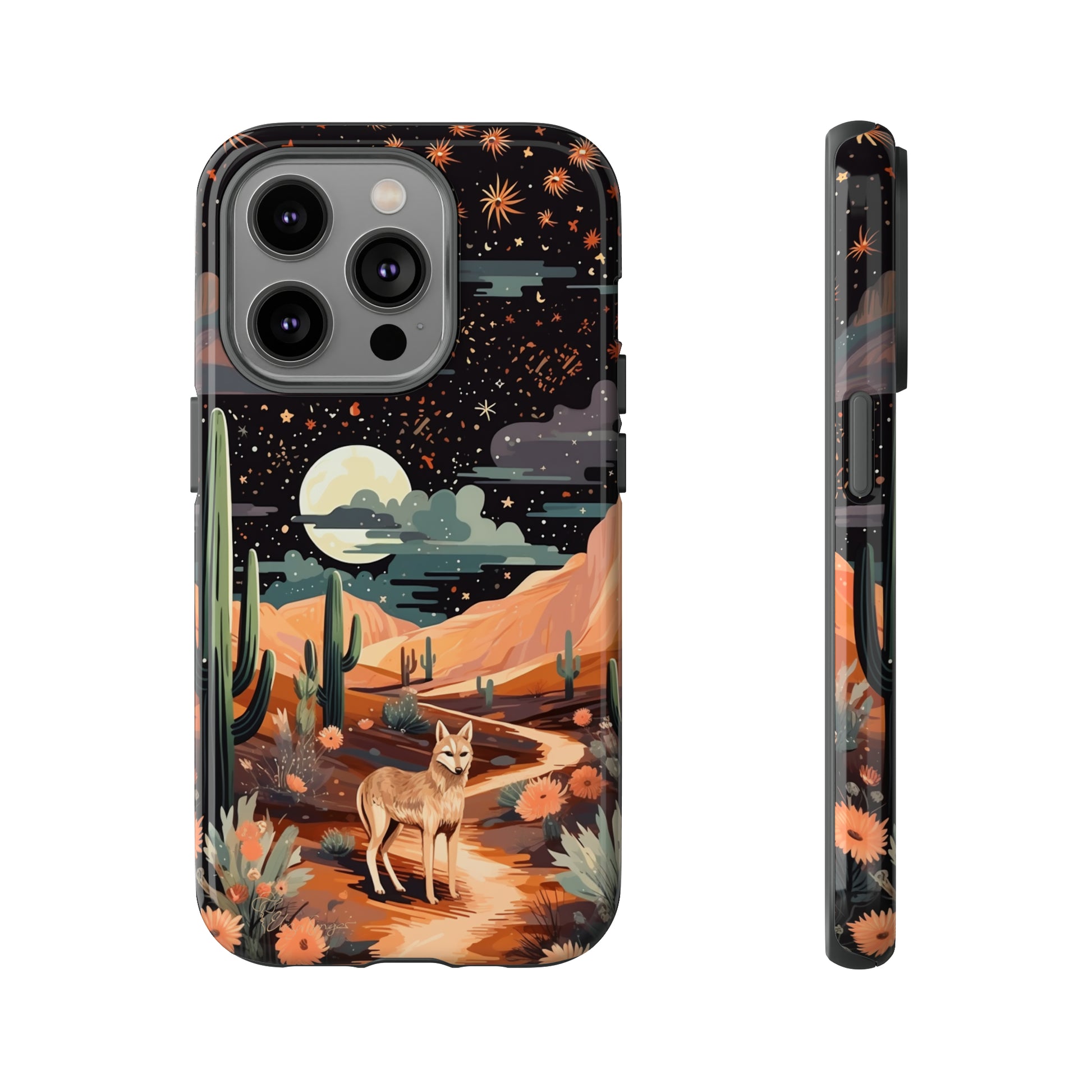 Introducing our Tough Western Cell Phone Case: Twilight Desert Jackal Remix Edition! A variation of our popular design, this edition features a jackal in a desert landscape with a starry night sky and cacti. Get ready for a unique twist on classic rugged protection.