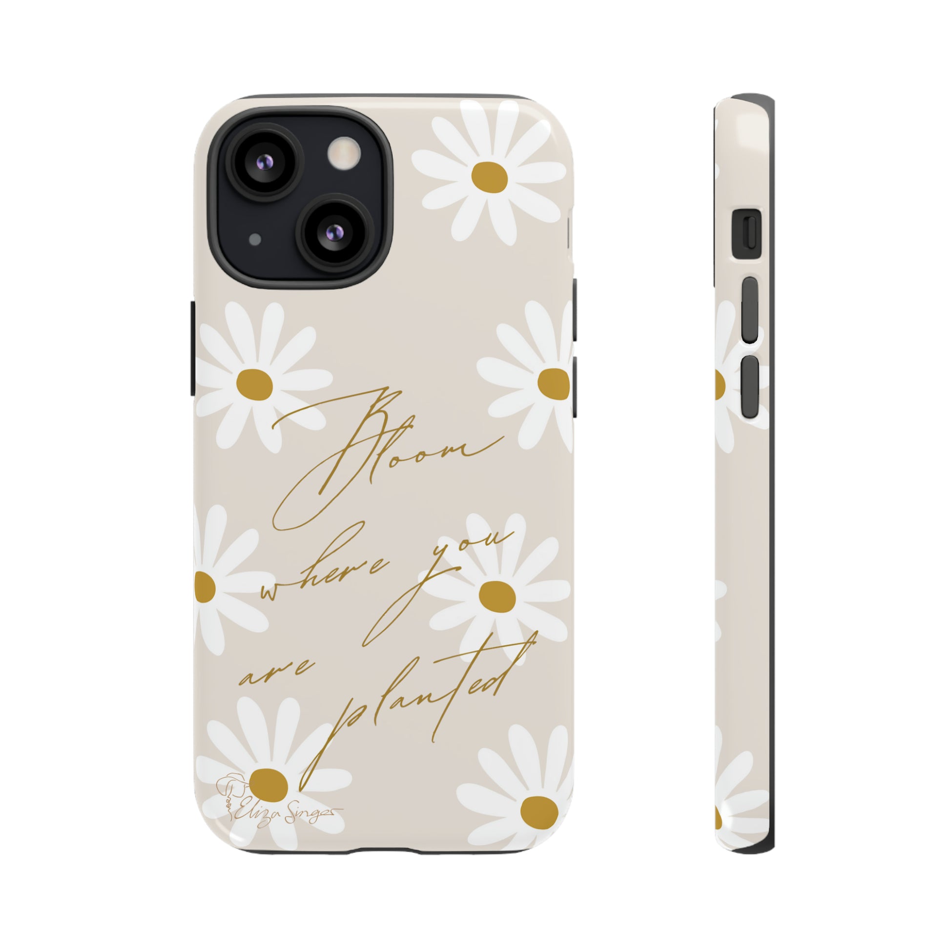 Sunny Boho Blooms: Boho Flower Daisy iPhone Tough Protective Case. A lively fusion of Flowers, Boho, and floral daisies design. Compatible with iPhone 15, 14, 13, XS, XR Pro/Max/Mini/P/Plus. Elevate Your Device with Bohemian Charm and Durability. #ElizaSinger #PhoneCase #FloralDesign