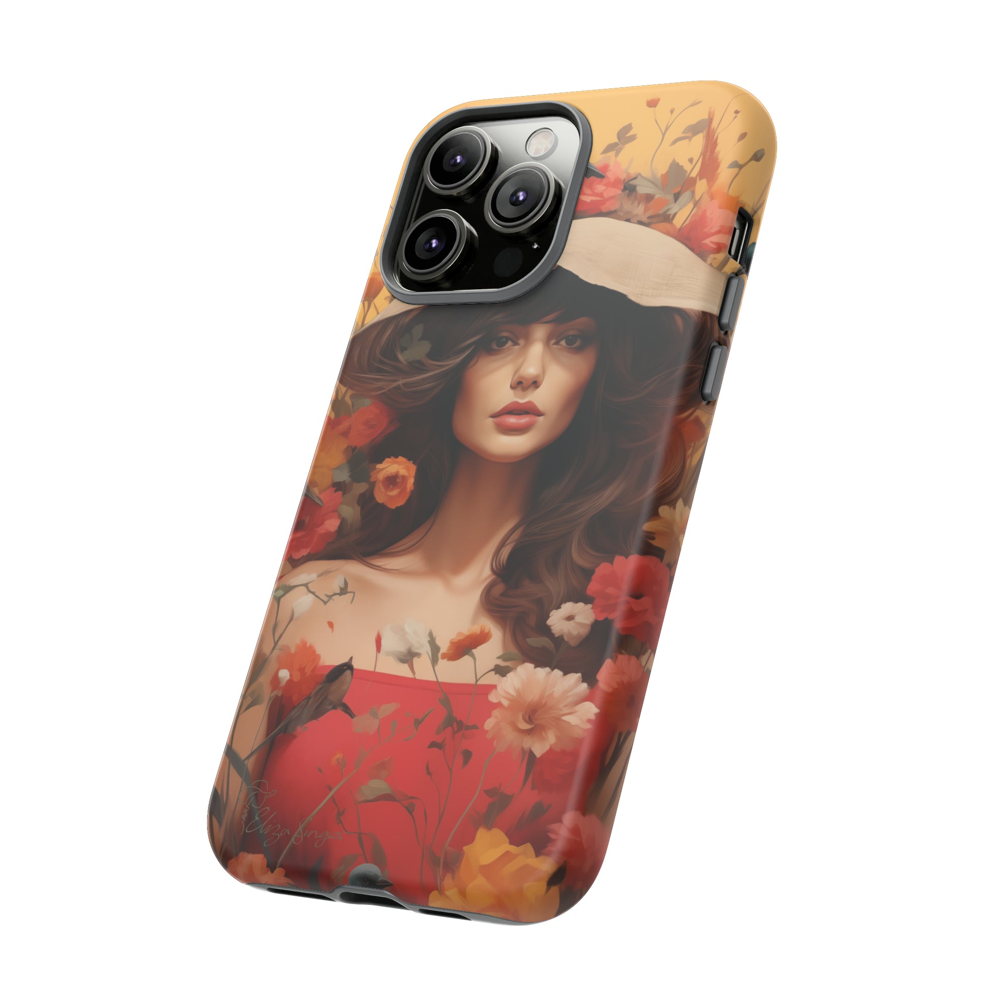 Bask in Sunshine: Embrace the warmth with our Tough Cell Phone Case. A yellow backdrop and a woman in a hat surrounded by flowers create a radiant design. Experience the perfect blend of style and protection, bringing sunshine into your everyday. Elevate your phone with a burst of brightness. #ElizaSinger #PhoneCase #SunshineRadiance