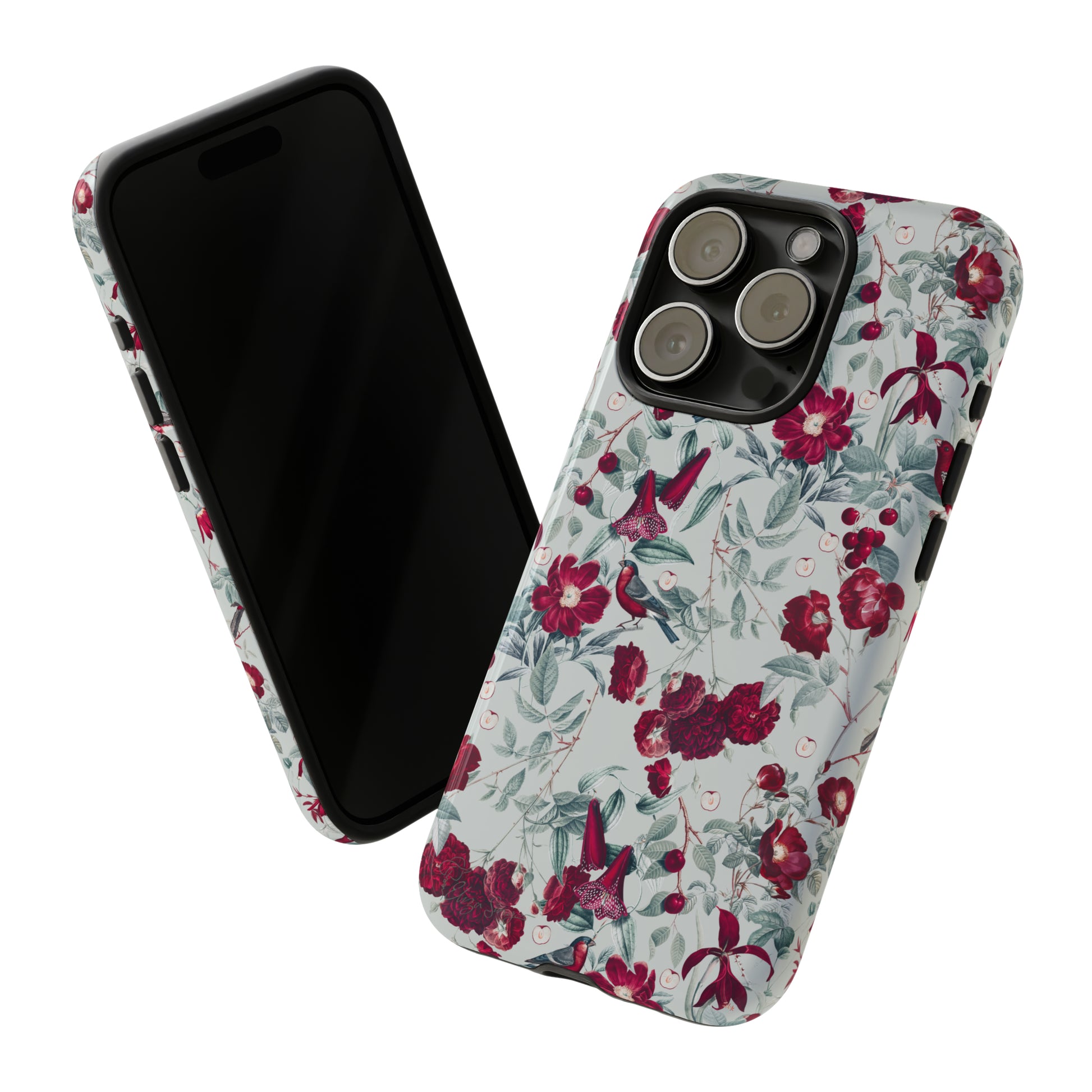 Cherry Blossom Serenade: Cherish nature's beauty with 'Cherry Blossom Serenade.' This iPhone case features flowers and burgundy birds on a blue background, creating a captivating floral wildlife bird and flower design. Elevate your device with this enchanting and stylish protective cover. #ElizaSinger #PhoneCase #FloralDesign