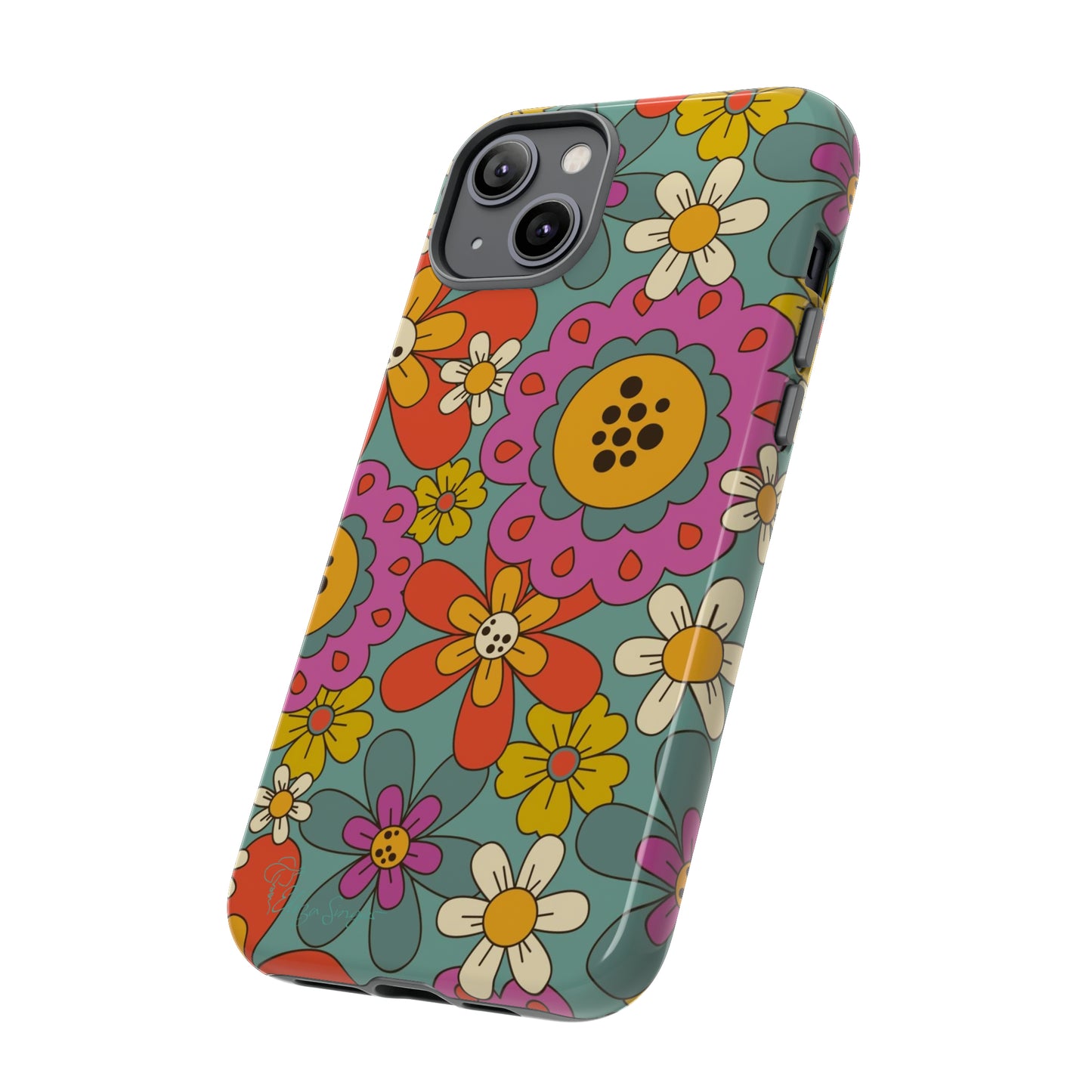 Step into the Groove: Groovy Hippie Hippy Design iPhone Tough Protective Cover. A nod to the 60's with Daisy Design in Turquoise and Pink. Compatible with iPhone 15, 14, 13, XS, XR Pro/Max/Mini/P/Plus. Embrace Retro Vibes with Style and Durability. #ElizaSinger #PhoneCase #GroovyDesign 
