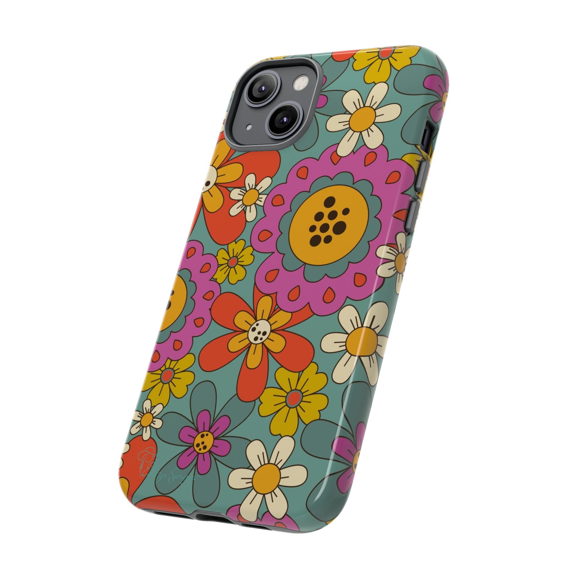 Step into the Groove: Groovy Hippie Hippy Design iPhone Tough Protective Cover. A nod to the 60's with Daisy Design in Turquoise and Pink. Compatible with iPhone 15, 14, 13, XS, XR Pro/Max/Mini/P/Plus. Embrace Retro Vibes with Style and Durability. #ElizaSinger #PhoneCase #GroovyDesign 
