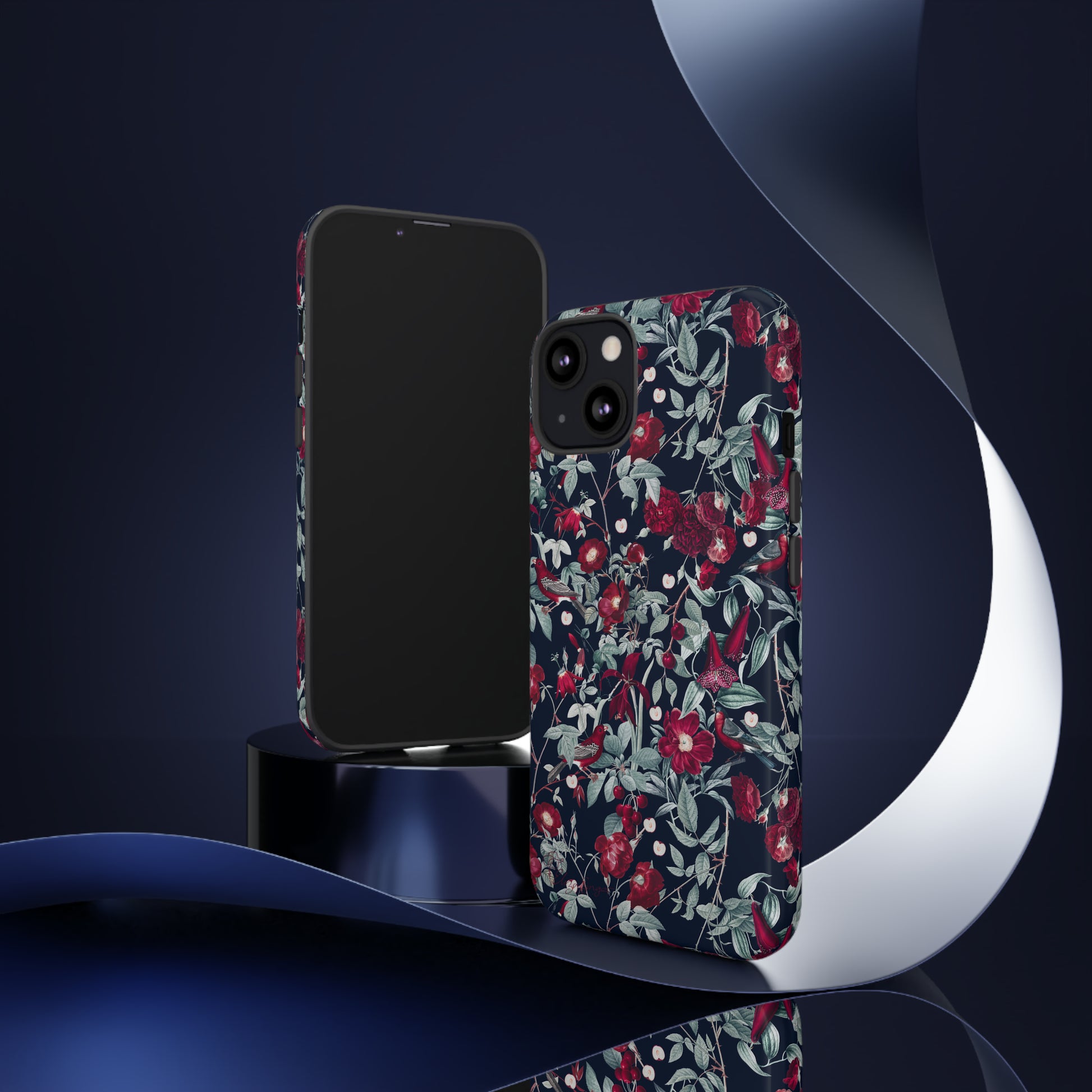 Blossom Serenade: Cherry Blossom Serenade Burgundy Navy Dark iPhone Tough Protective Cover. A captivating blend of Flowers in burgundy and navy hues, featuring a muted design. Compatible with iPhone 15, 14, 13, XS, XR Pro/Max/Mini/P/Plus. Elevate your device with this enchanting and stylish protective cover. #ElizaSinger #PhoneCase #FloralDesign