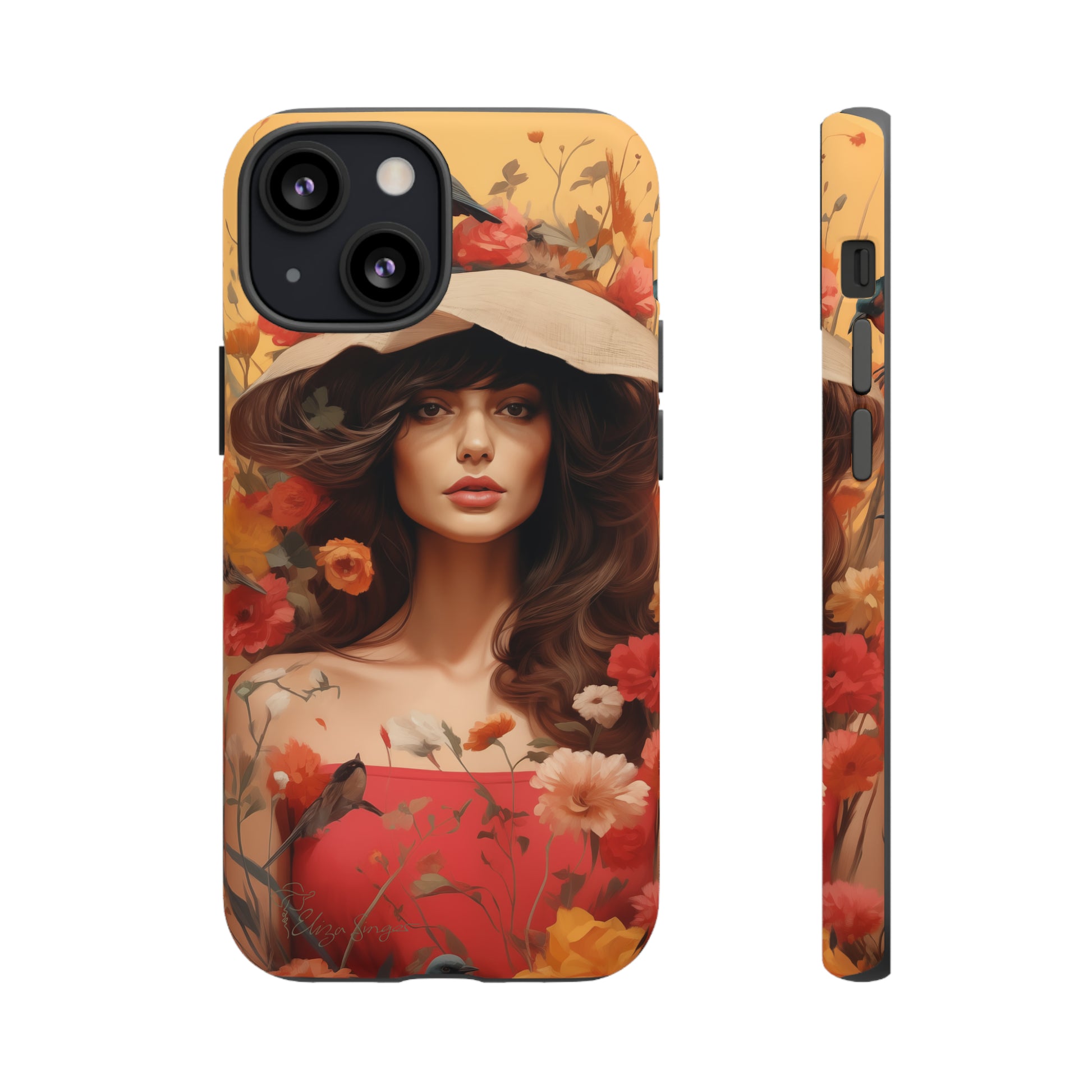 Bask in Sunshine: Embrace the warmth with our Tough Cell Phone Case. A yellow backdrop and a woman in a hat surrounded by flowers create a radiant design. Experience the perfect blend of style and protection, bringing sunshine into your everyday. Elevate your phone with a burst of brightness. #ElizaSinger #PhoneCase #SunshineRadiance