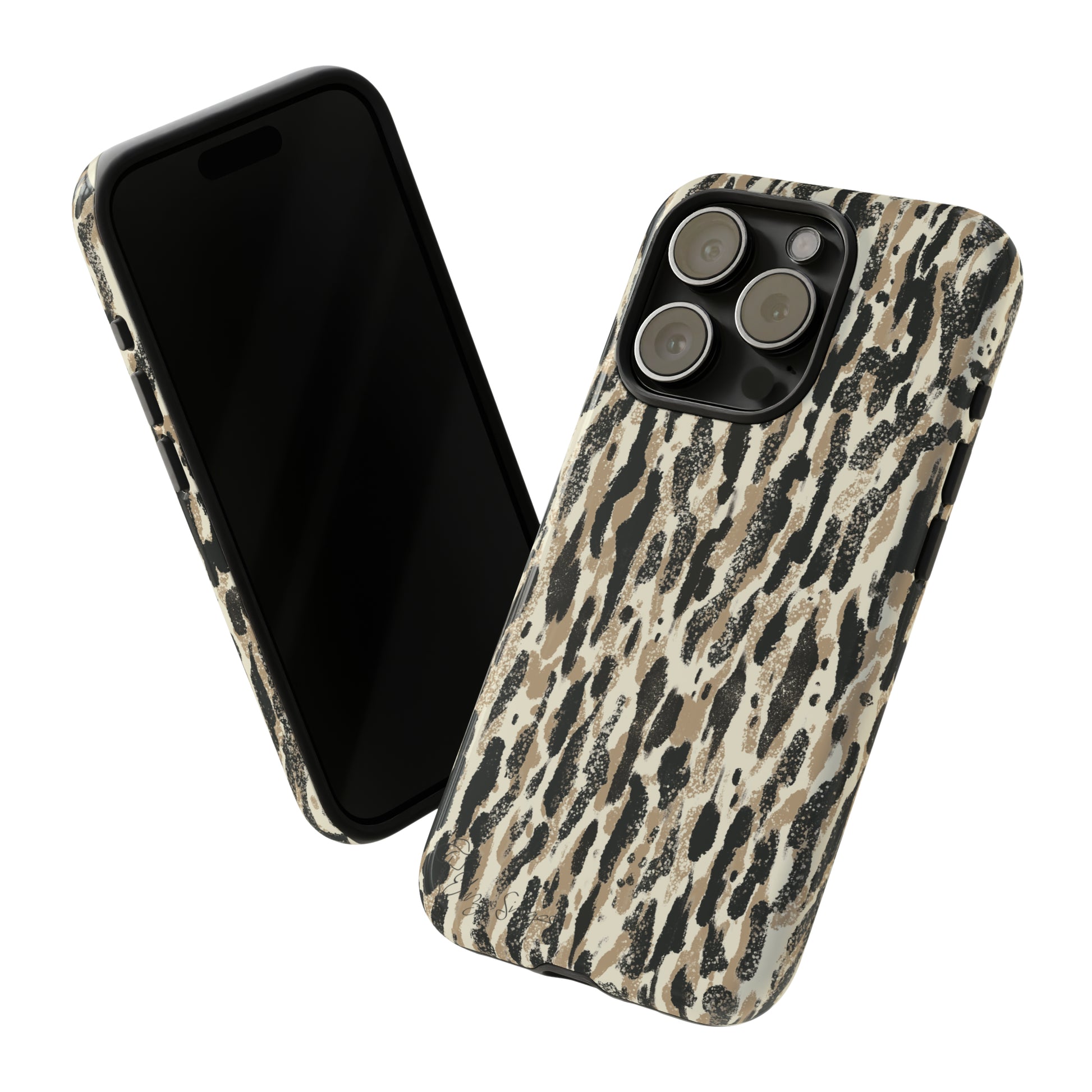 Elevate Your Tech: Abstract Neutral Animal Print iPhone Tough Protective Cover. Leopard-Painted Design in Beige and Black. Compatible with iPhone 15, 14, 13, XS, XR Pro/Max/Mini/P/Plus. Unleash the Wild with Style and Durability. #ElizaSinger #PhoneCase #LeopardPrint 