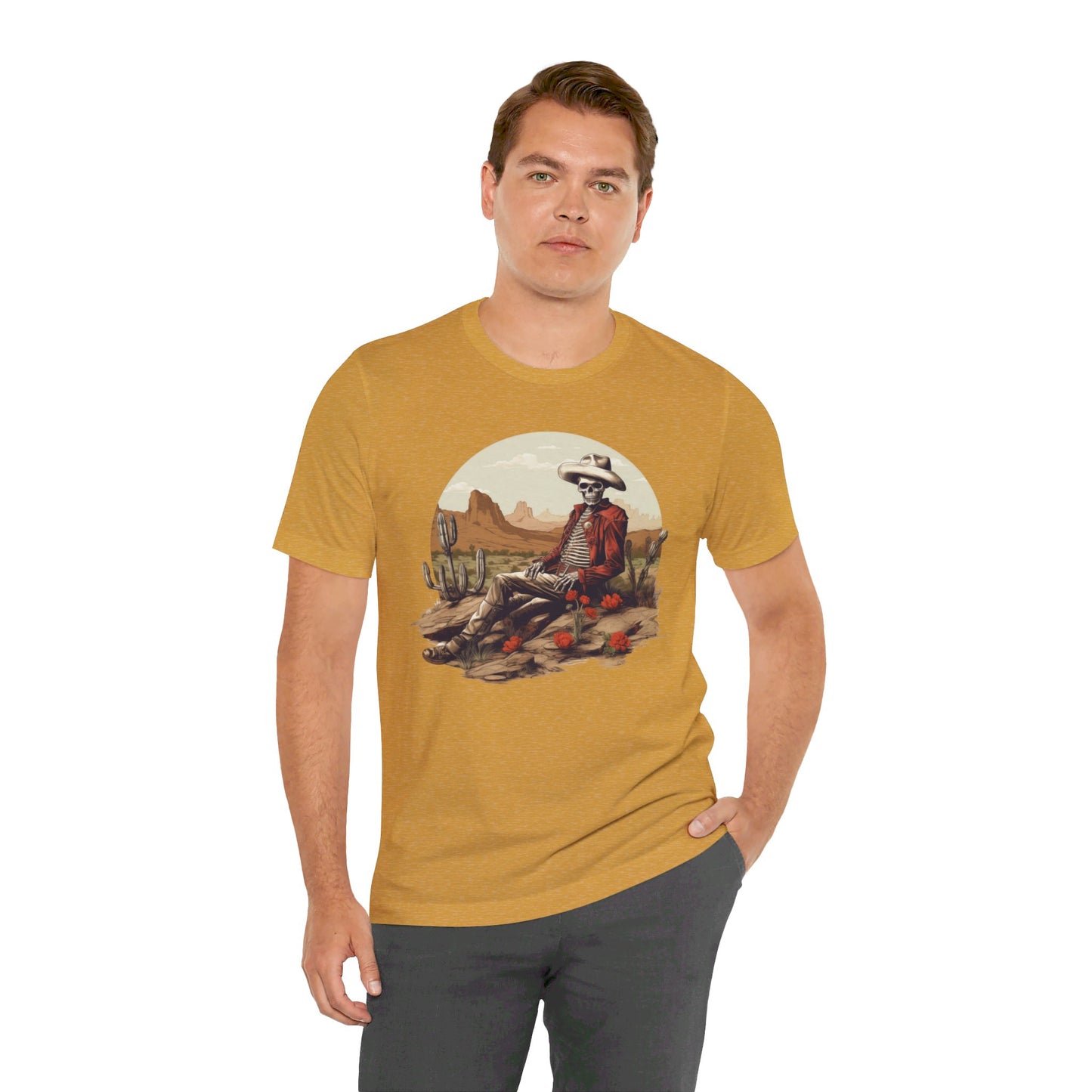 Skeleton Cowboy in Desert: Red Blazer Bella Canvas T-shirt