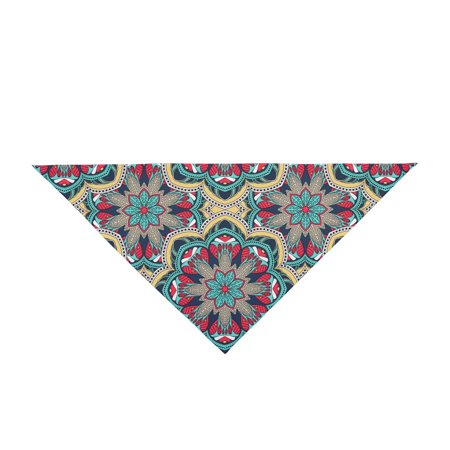 Introducing our Mandala Majesty Dog Bandana/Wild Rag - a perfect blend of western aesthetics with vibrant mandala art. The intricate design in red, turquoise, yellow, and grey creates a stunning visual appeal. Made from soft-spun polyester, this wild rag ensures comfort and durability for your furry companion. Elevate your dog's style and make heads turn on every adventure. Exclusively available at Eliza Singer.