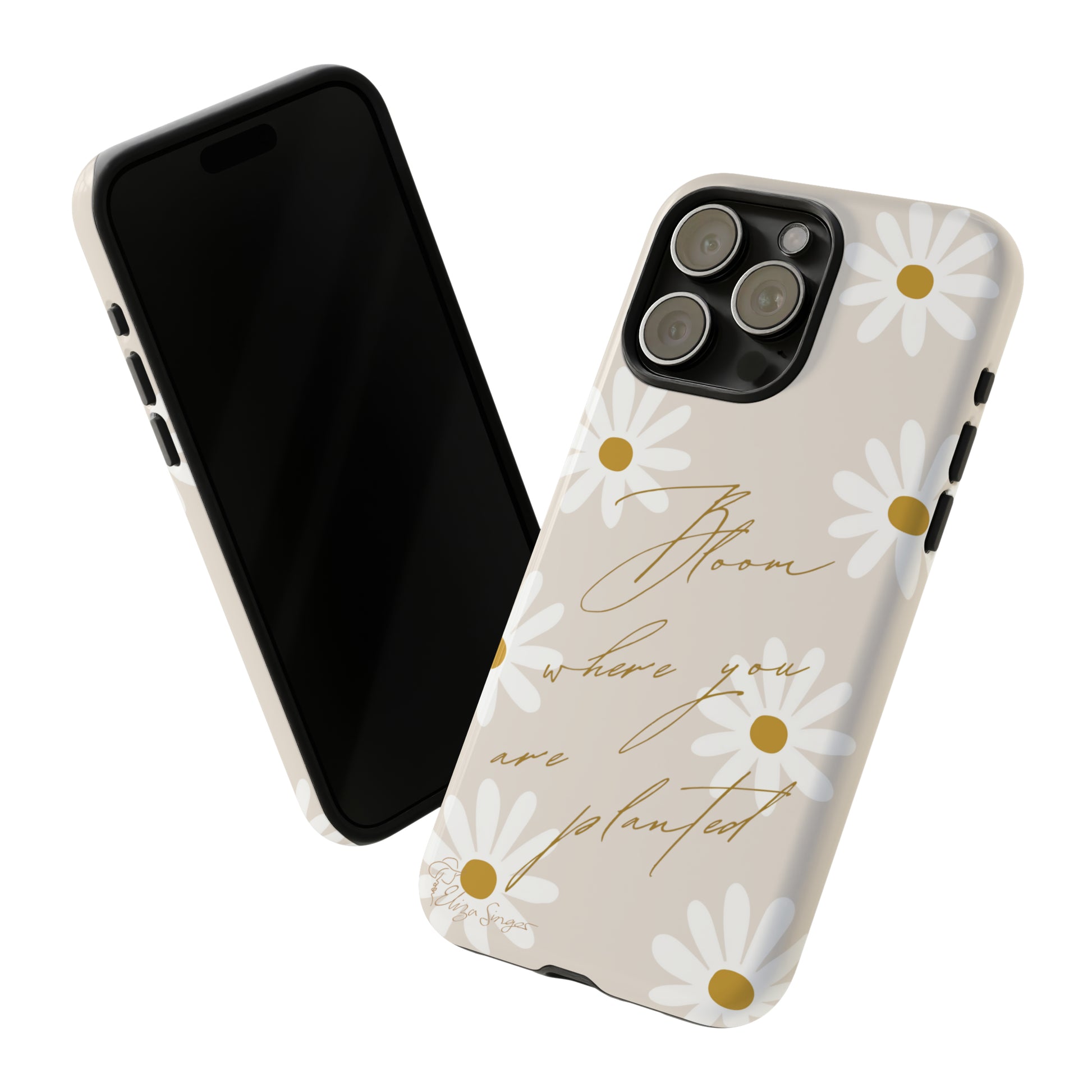 Sunny Boho Blooms: Boho Flower Daisy iPhone Tough Protective Case. A lively fusion of Flowers, Boho, and floral daisies design. Compatible with iPhone 15, 14, 13, XS, XR Pro/Max/Mini/P/Plus. Elevate Your Device with Bohemian Charm and Durability. #ElizaSinger #PhoneCase #FloralDesign