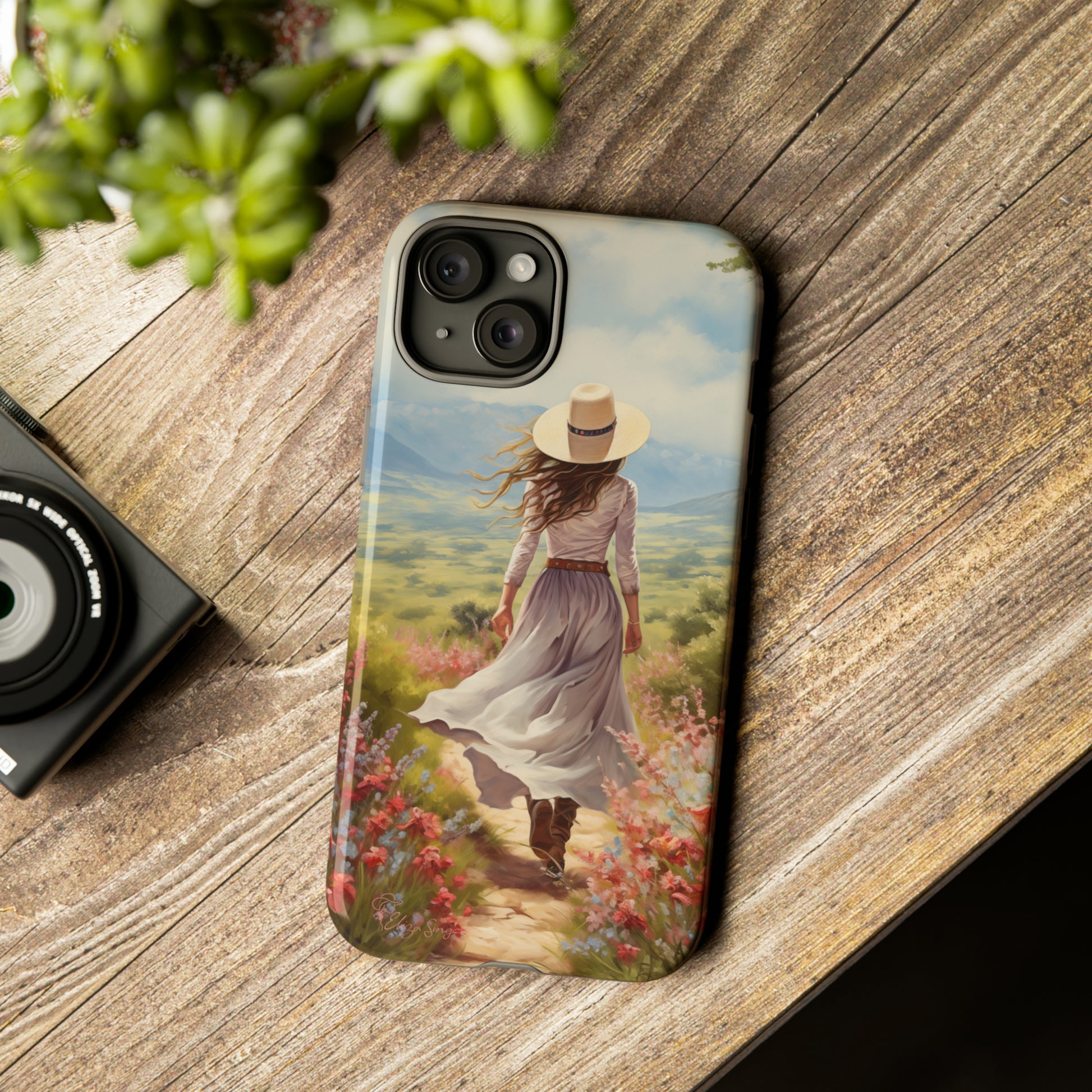 Embrace Whimsical Protection: Tough Western Cell Phone Case by Eliza Singer. Step into a World of Enchantment with a Stylish Woman Amidst Nature's Beauty. Safeguard Your Phone with Artistic Charm. #ElizaSinger #PhoneCase #WesternStyle 