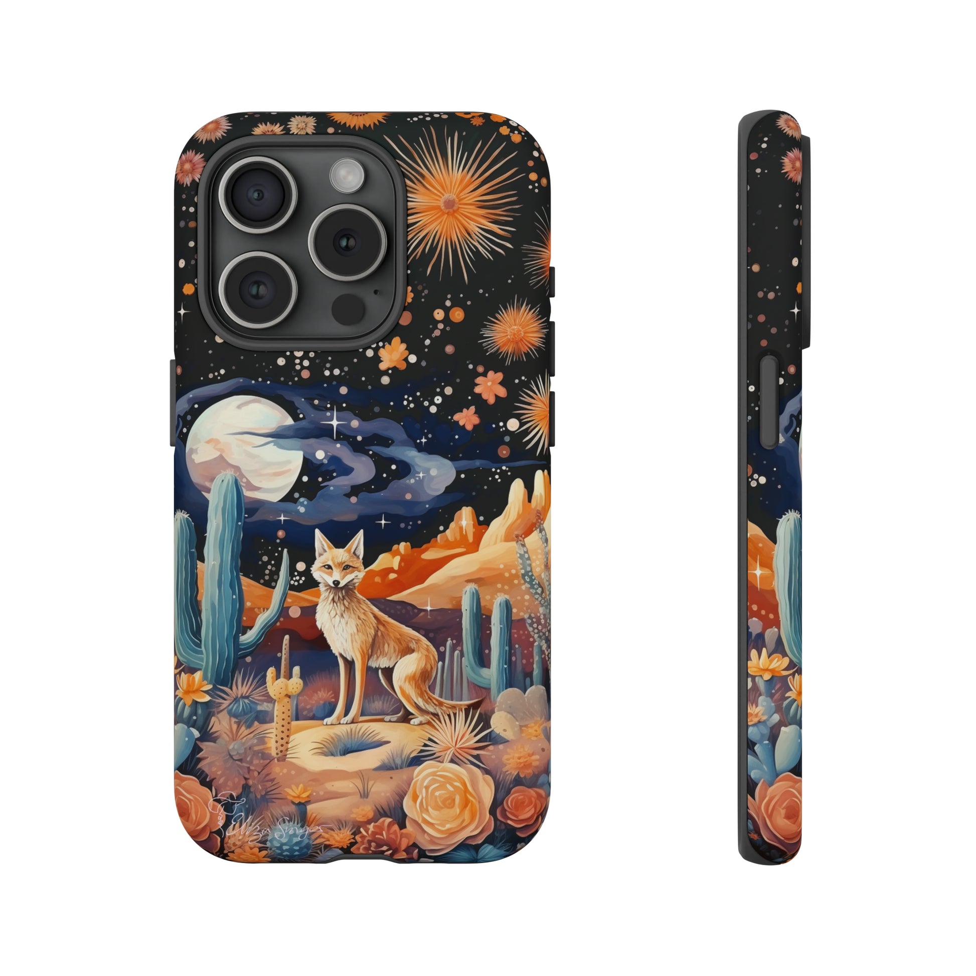 Introducing our Tough Western Cell Phone Case: Midnight Mirage Jackal Edition! Dive into the mysterious desert night with a striking depiction of a jackal, cacti, and a starry sky. This design offers the ideal combination of durability and desert charm.