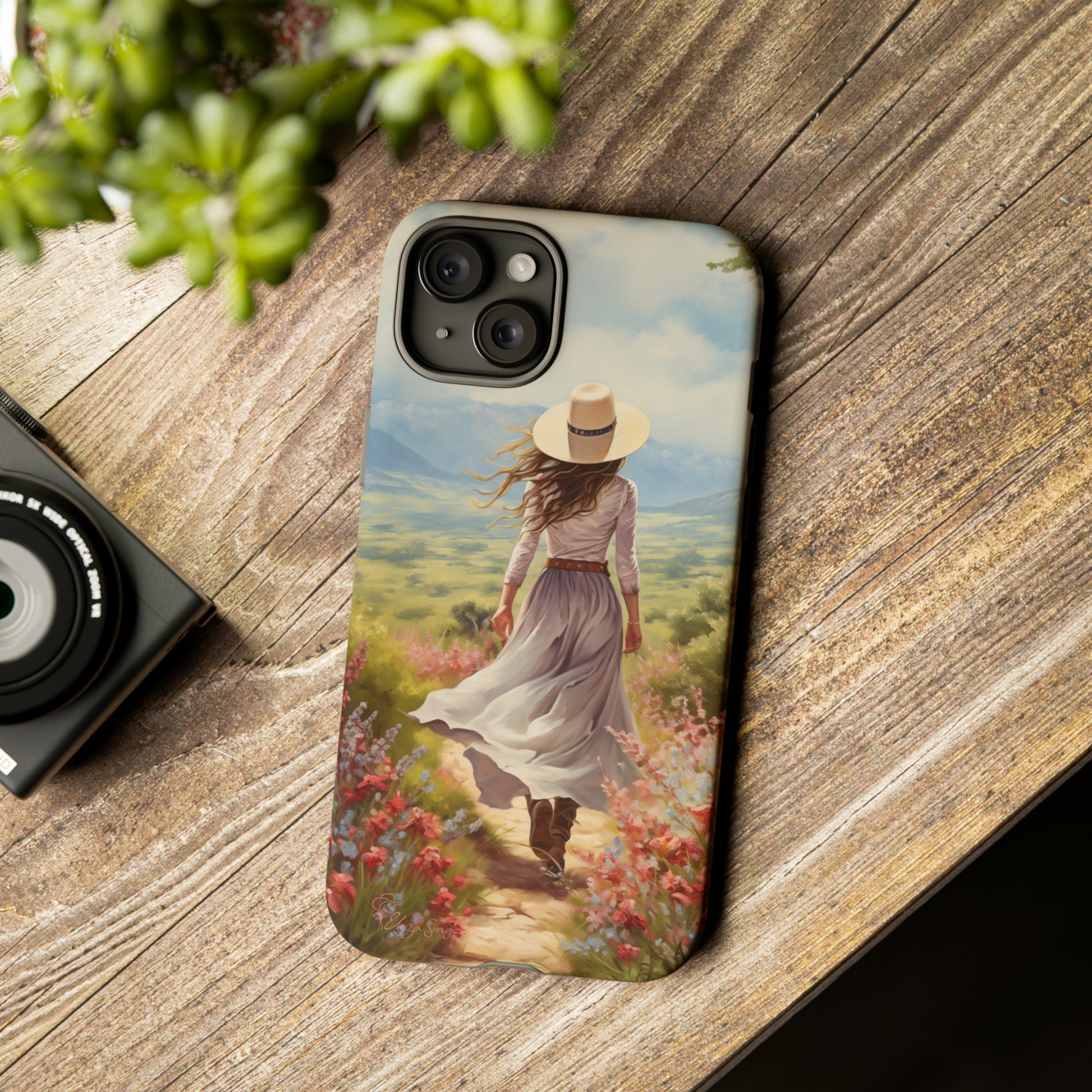 Embrace Whimsical Protection: Tough Western Cell Phone Case by Eliza Singer. Step into a World of Enchantment with a Stylish Woman Amidst Nature's Beauty. Safeguard Your Phone with Artistic Charm. #ElizaSinger #PhoneCase #WesternStyle 