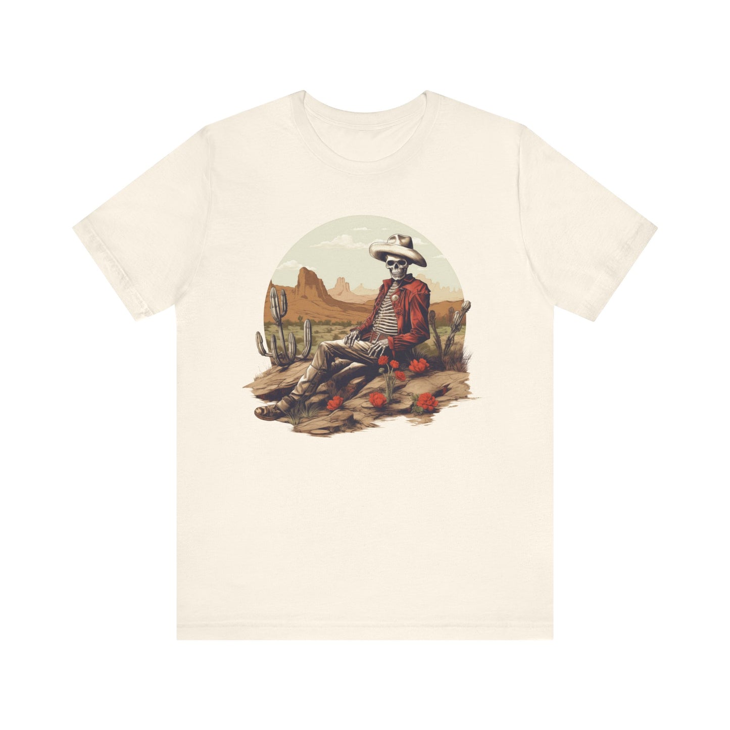 Skeleton Cowboy in Desert: Red Blazer Bella Canvas T-shirt