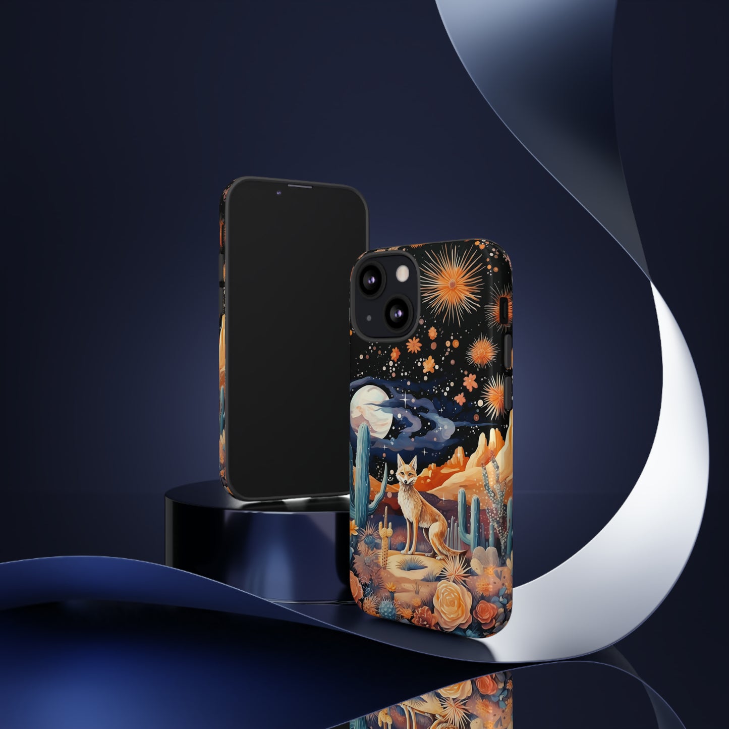 Introducing our Tough Western Cell Phone Case: Midnight Mirage Jackal Edition! Dive into the mysterious desert night with a striking depiction of a jackal, cacti, and a starry sky. This design offers the ideal combination of durability and desert charm.