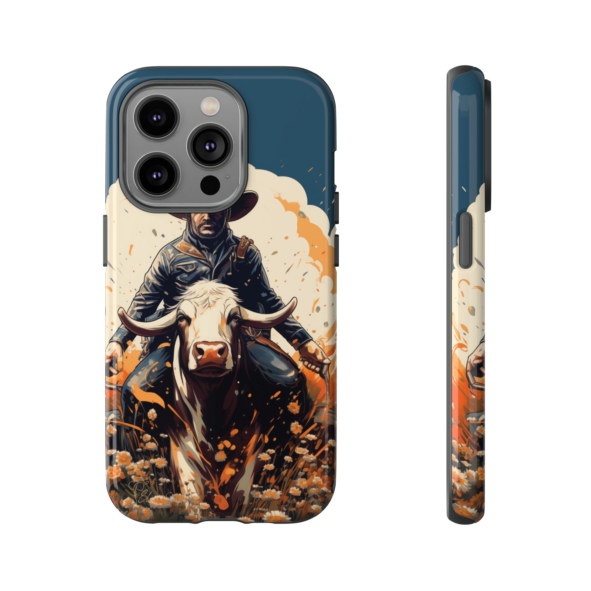 Time-Tested Charm: Immerse yourself in the charm of yesteryear with our Tough Cell Phone Case. Featuring a cowboy on a cow in a field of flowers, this design exudes retro vibes. Experience the perfect blend of vintage style and durable protection. Elevate your phone with a touch of timeless allure. #ElizaSinger #PhoneCase #VintageCharm