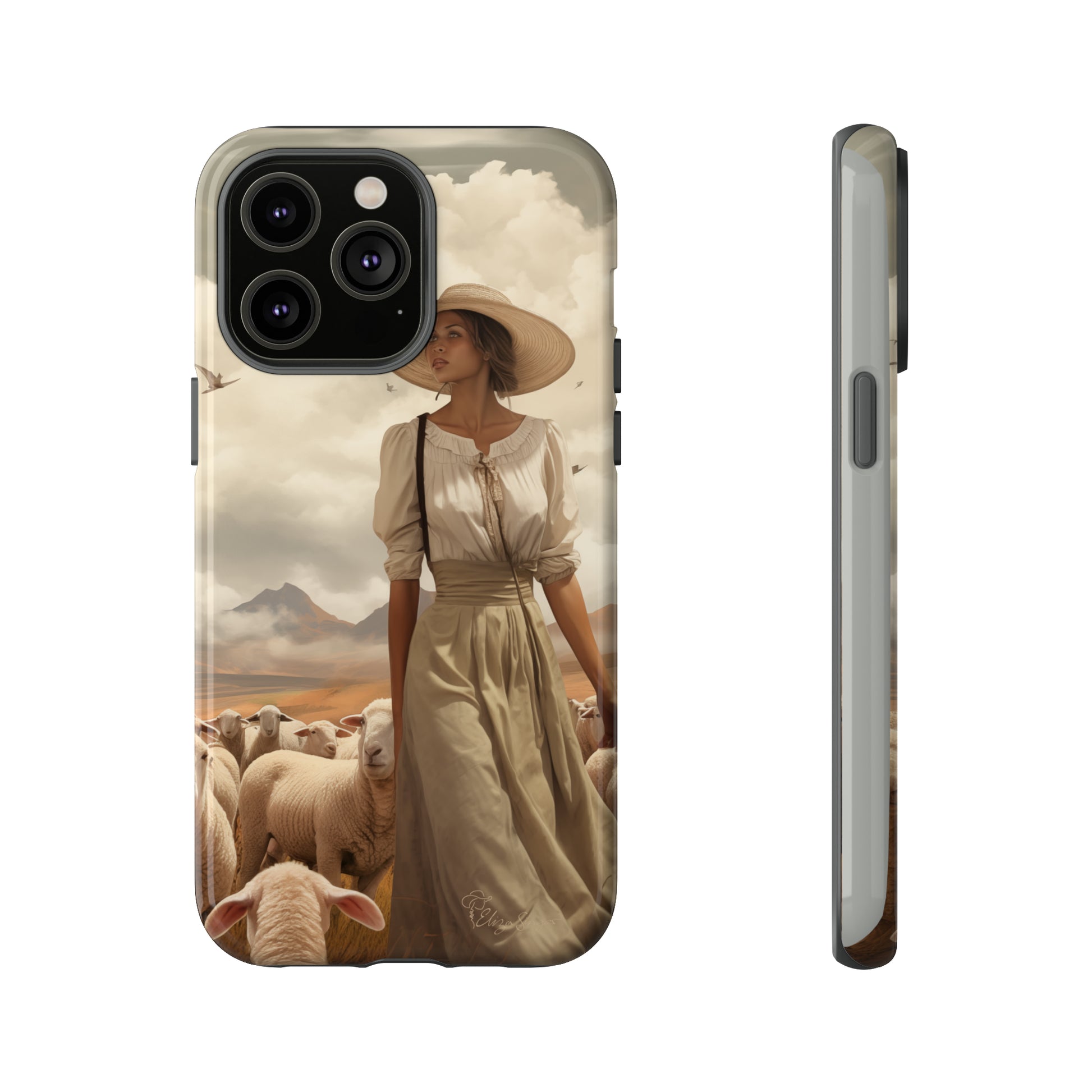 Immerse yourself in a dreamy landscape with our Tough Western Cell Phone Case showcasing a vintage painted design of a woman wearing a hat, walking through a prairie landscape with sheep behind her. Experience the magic of the past with this edition.