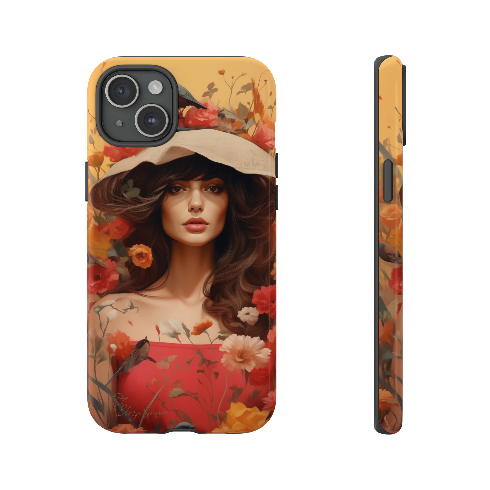 Bask in Sunshine: Embrace the warmth with our Tough Cell Phone Case. A yellow backdrop and a woman in a hat surrounded by flowers create a radiant design. Experience the perfect blend of style and protection, bringing sunshine into your everyday. Elevate your phone with a burst of brightness. #ElizaSinger #PhoneCase #SunshineRadiance