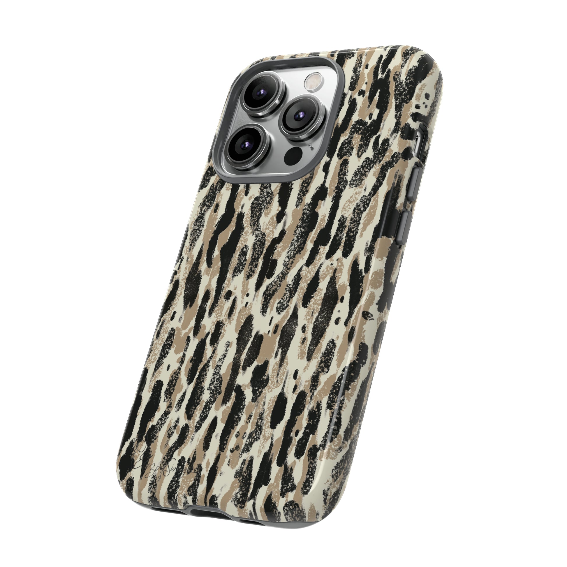 Elevate Your Tech: Abstract Neutral Animal Print iPhone Tough Protective Cover. Leopard-Painted Design in Beige and Black. Compatible with iPhone 15, 14, 13, XS, XR Pro/Max/Mini/P/Plus. Unleash the Wild with Style and Durability. #ElizaSinger #PhoneCase #LeopardPrint 