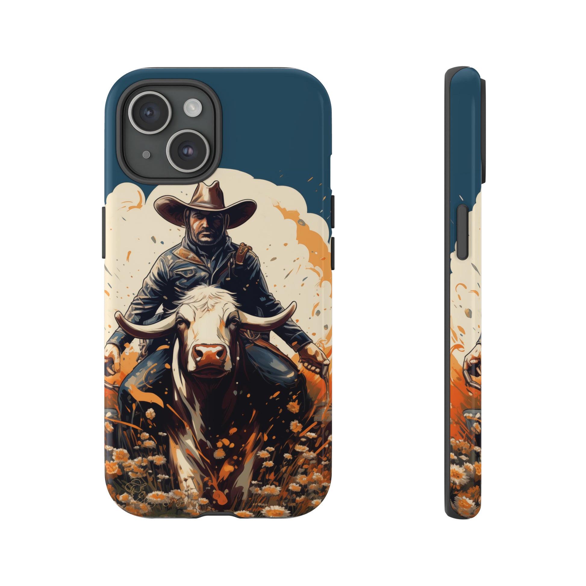 Time-Tested Charm: Immerse yourself in the charm of yesteryear with our Tough Cell Phone Case. Featuring a cowboy on a cow in a field of flowers, this design exudes retro vibes. Experience the perfect blend of vintage style and durable protection. Elevate your phone with a touch of timeless allure. #ElizaSinger #PhoneCase #VintageCharm