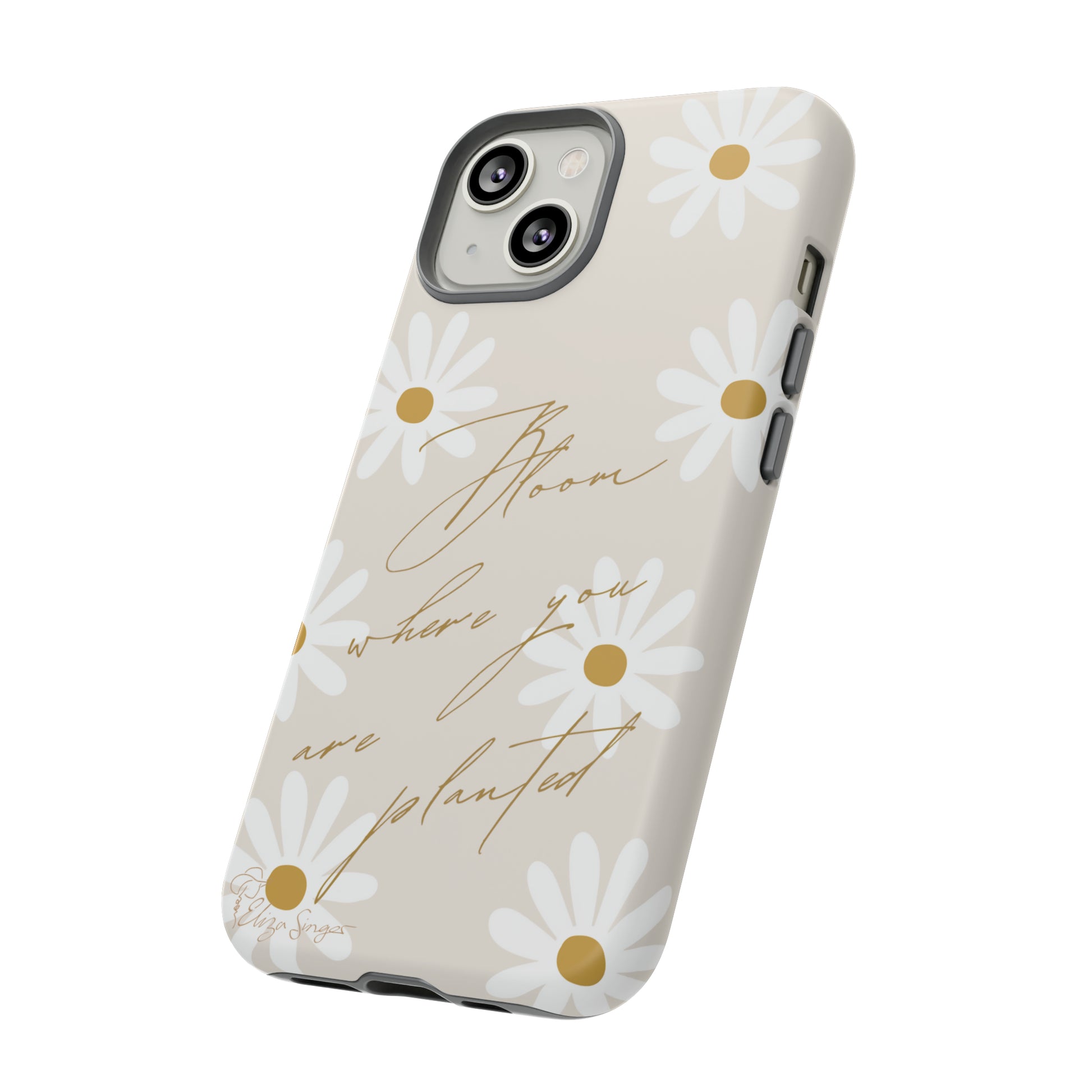 Sunny Boho Blooms: Boho Flower Daisy iPhone Tough Protective Case. A lively fusion of Flowers, Boho, and floral daisies design. Compatible with iPhone 15, 14, 13, XS, XR Pro/Max/Mini/P/Plus. Elevate Your Device with Bohemian Charm and Durability. #ElizaSinger #PhoneCase #FloralDesign