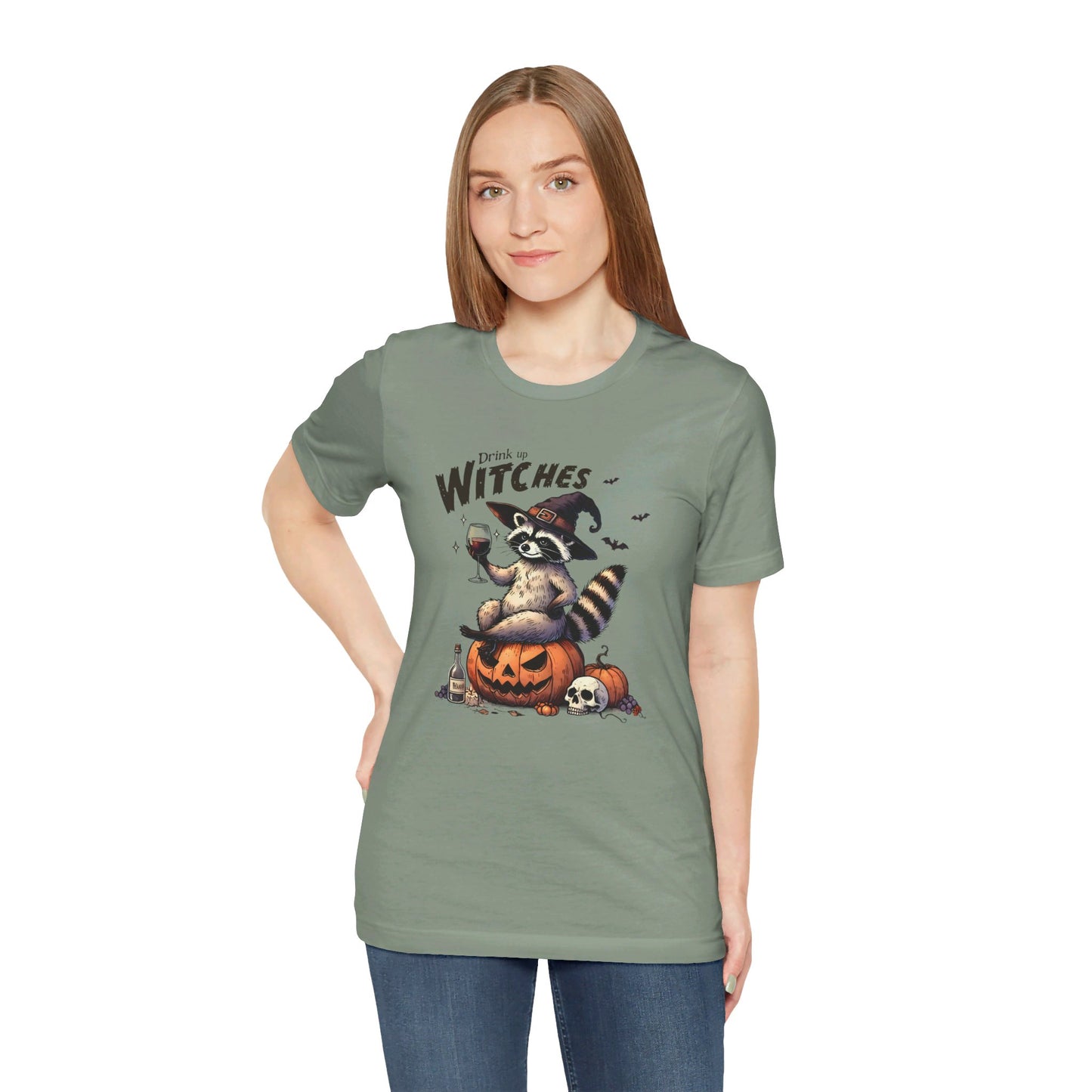 Drink Up Witches: Halloween Bella Canvas T-shirt with Raccoon