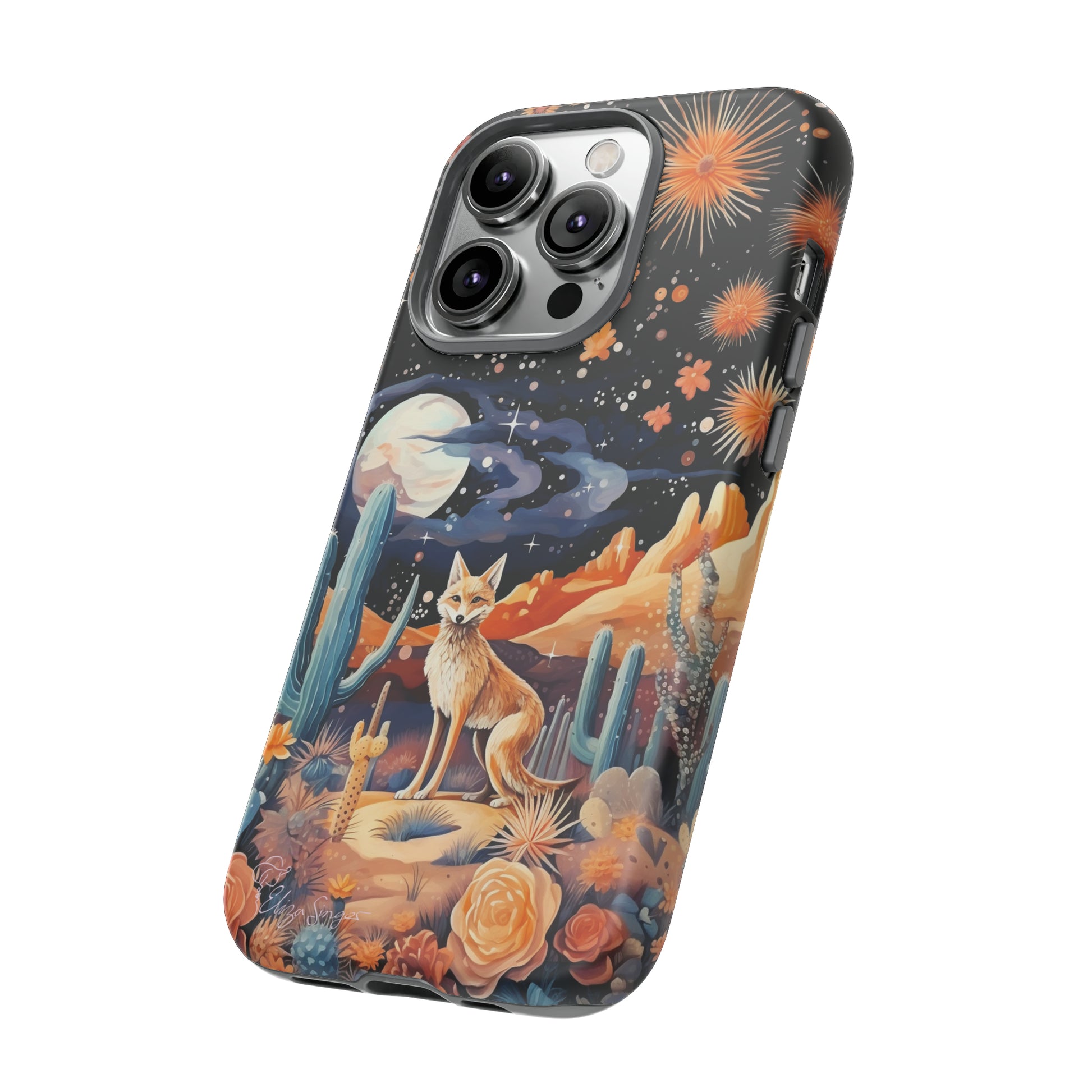 Introducing our Tough Western Cell Phone Case: Midnight Mirage Jackal Edition! Dive into the mysterious desert night with a striking depiction of a jackal, cacti, and a starry sky. This design offers the ideal combination of durability and desert charm.