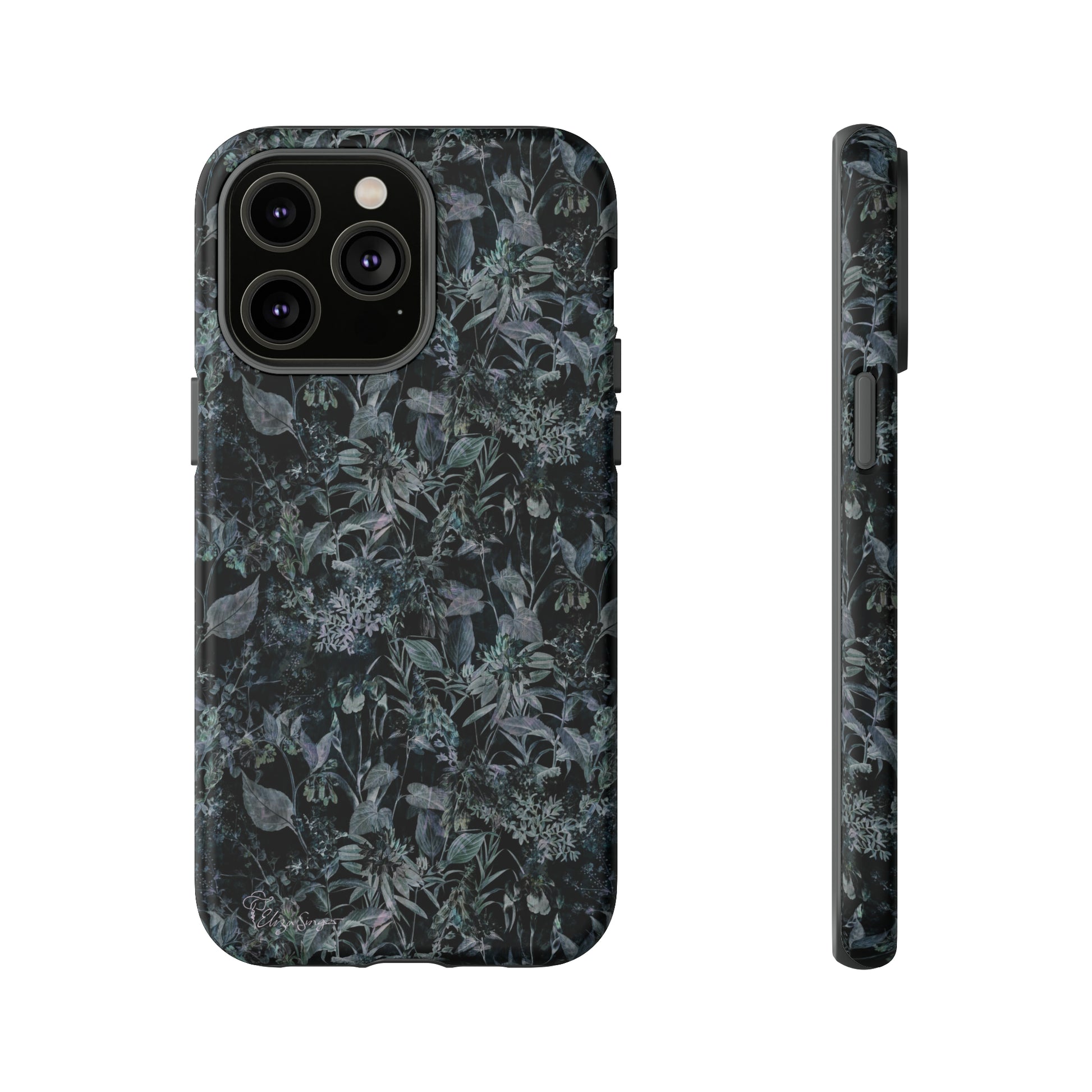 Blossom in Style: Botany Floral Dark Flowers Blue Denim iPhone Tough Protective Cover. This case features a Flower and Muted Grey Design, compatible with iPhone 15, 14, 13, XS, XR Pro/Max/Mini/P/Plus. Unleash Nature's Beauty with Style and Durability. #ElizaSinger #PhoneCase #FloralDesign