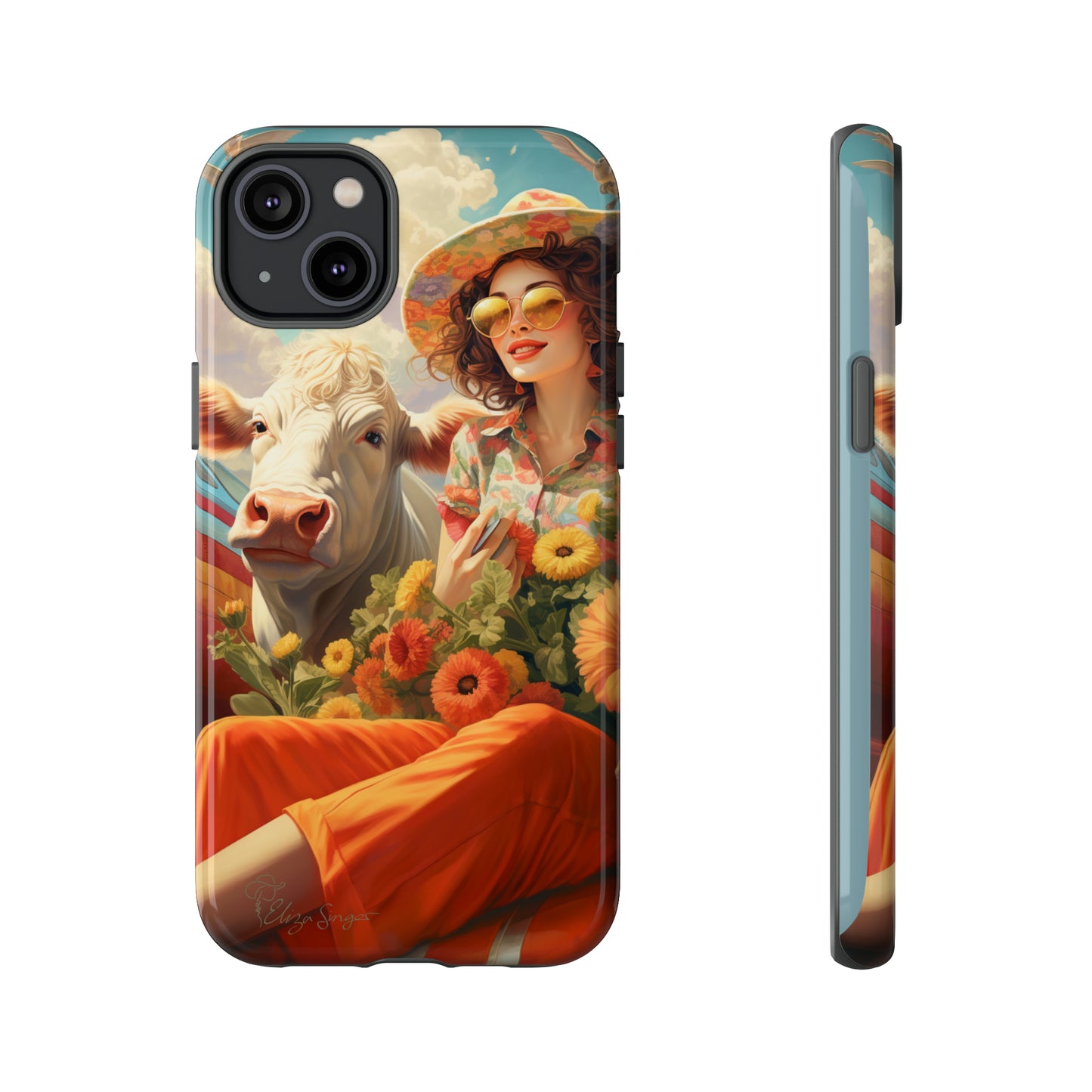 Timeless Retro Charm: Step back in time with our Tough Western Cell Phone Case. Featuring a vintage and bright design, a woman in a hat with daisies is accompanied by a cow looking over her shoulder. Experience the perfect blend of retro aesthetics and durability. Elevate your style with a touch of nostalgia. #ElizaSinger #PhoneCase #RetroStyle 