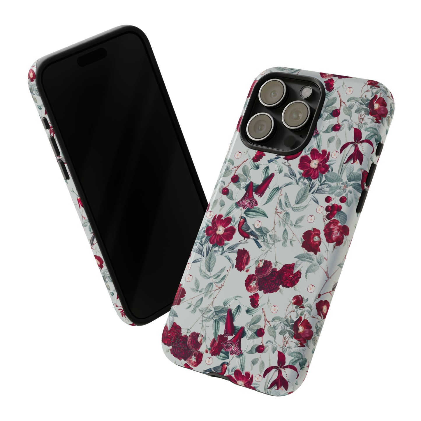 Cherry Blossom Serenade: Cherish nature's beauty with 'Cherry Blossom Serenade.' This iPhone case features flowers and burgundy birds on a blue background, creating a captivating floral wildlife bird and flower design. Elevate your device with this enchanting and stylish protective cover. #ElizaSinger #PhoneCase #FloralDesign