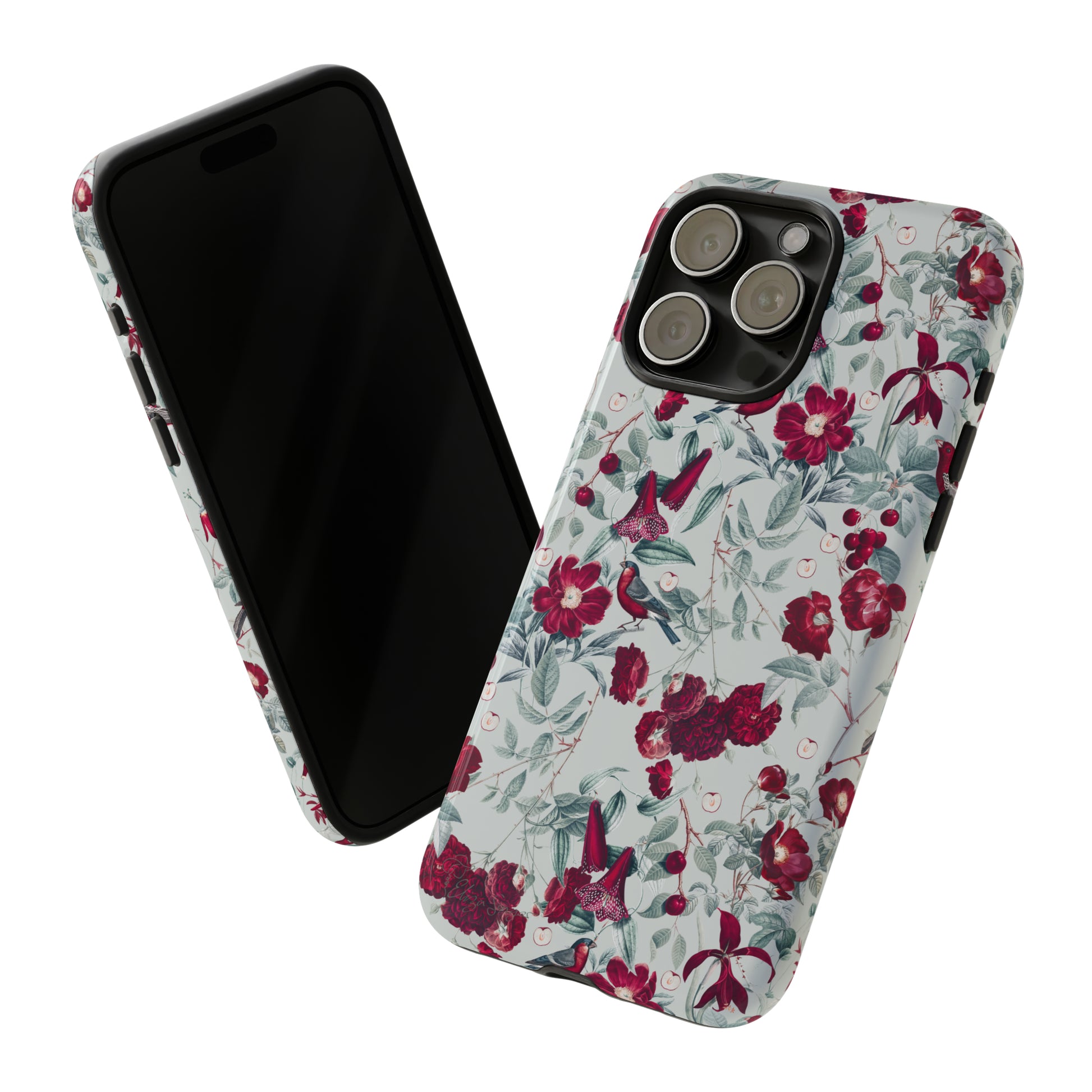 Cherry Blossom Serenade: Cherish nature's beauty with 'Cherry Blossom Serenade.' This iPhone case features flowers and burgundy birds on a blue background, creating a captivating floral wildlife bird and flower design. Elevate your device with this enchanting and stylish protective cover. #ElizaSinger #PhoneCase #FloralDesign