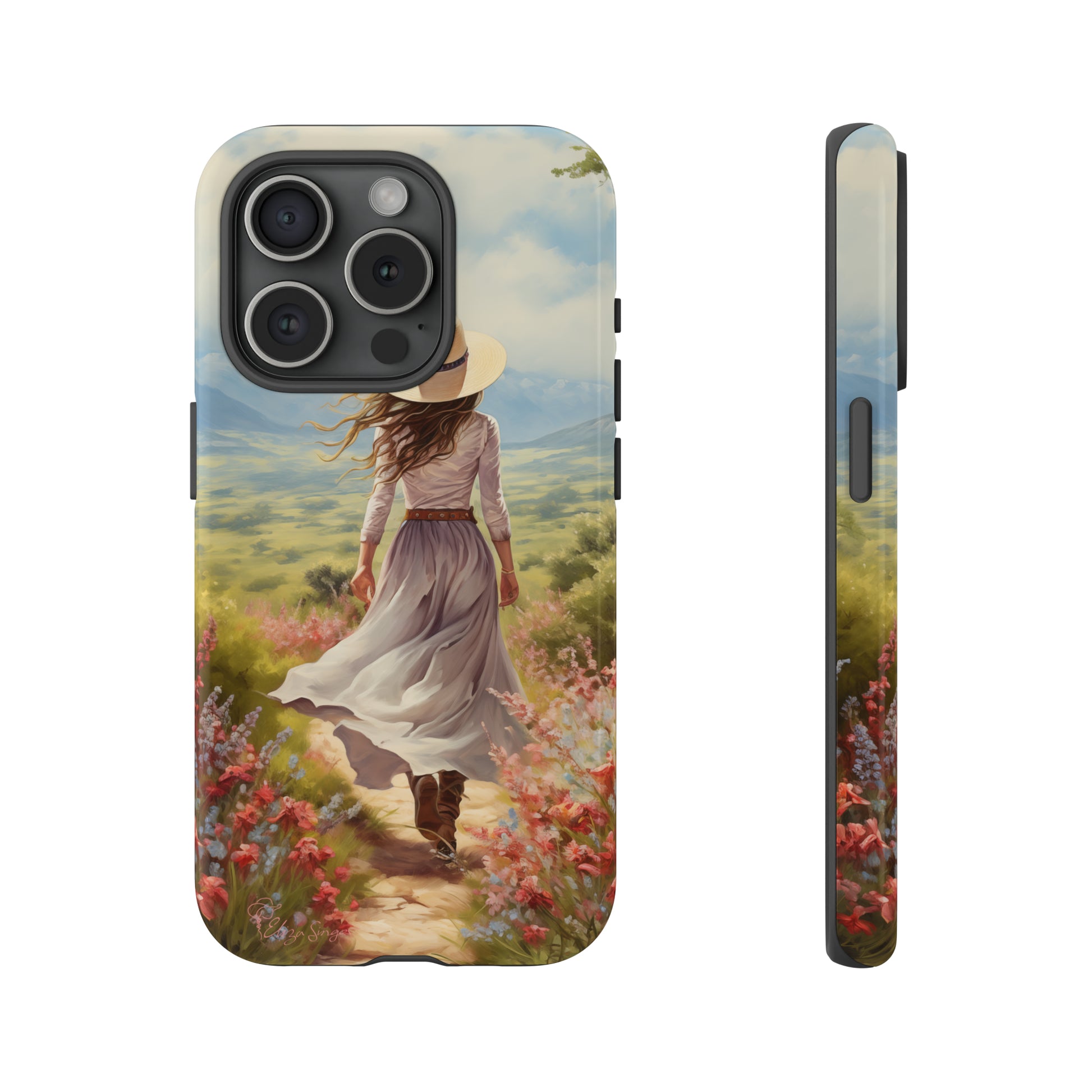 Step into a world of whimsy with our Tough Western Cell Phone Case showcasing a woman in a skirt and hat walking down a small path through a vast field. Delight in the beauty of flowers lining the path while ensuring your phone stays protected with this enchanting edition.