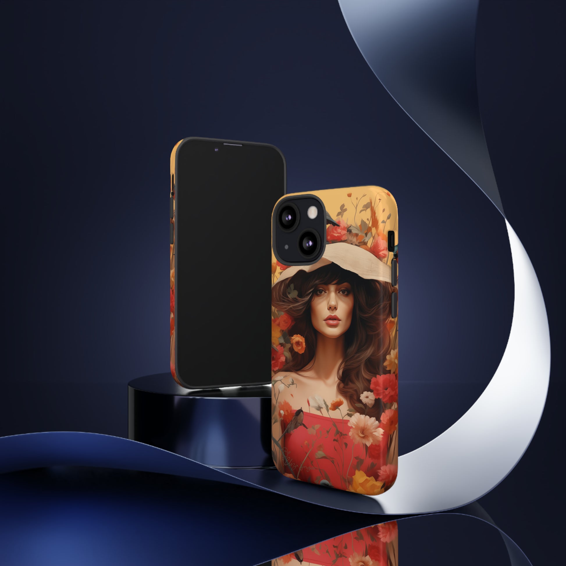 Bask in Sunshine: Embrace the warmth with our Tough Cell Phone Case. A yellow backdrop and a woman in a hat surrounded by flowers create a radiant design. Experience the perfect blend of style and protection, bringing sunshine into your everyday. Elevate your phone with a burst of brightness. #ElizaSinger #PhoneCase #SunshineRadiance