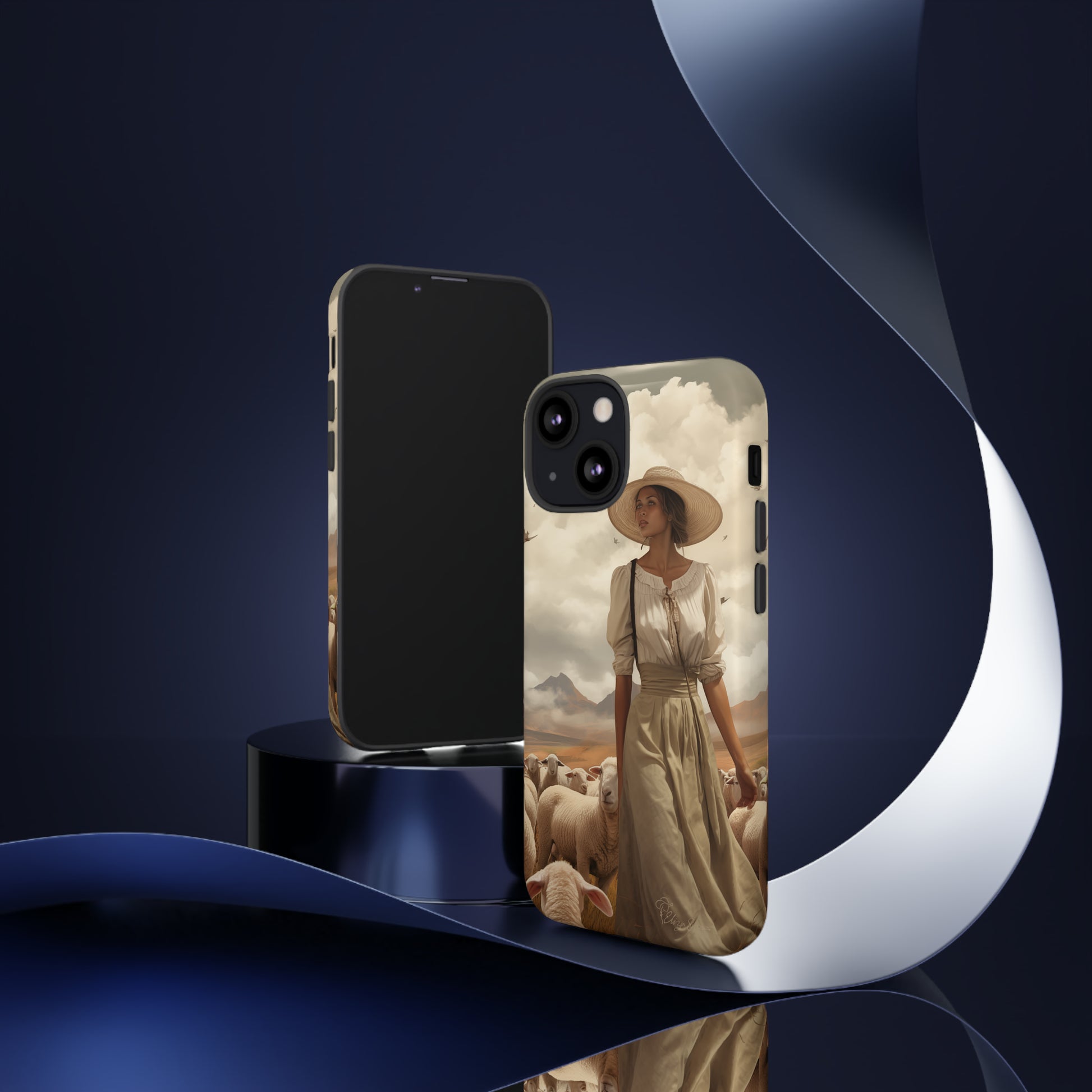 Immerse yourself in a dreamy landscape with our Tough Western Cell Phone Case showcasing a vintage painted design of a woman wearing a hat, walking through a prairie landscape with sheep behind her. Experience the magic of the past with this edition.