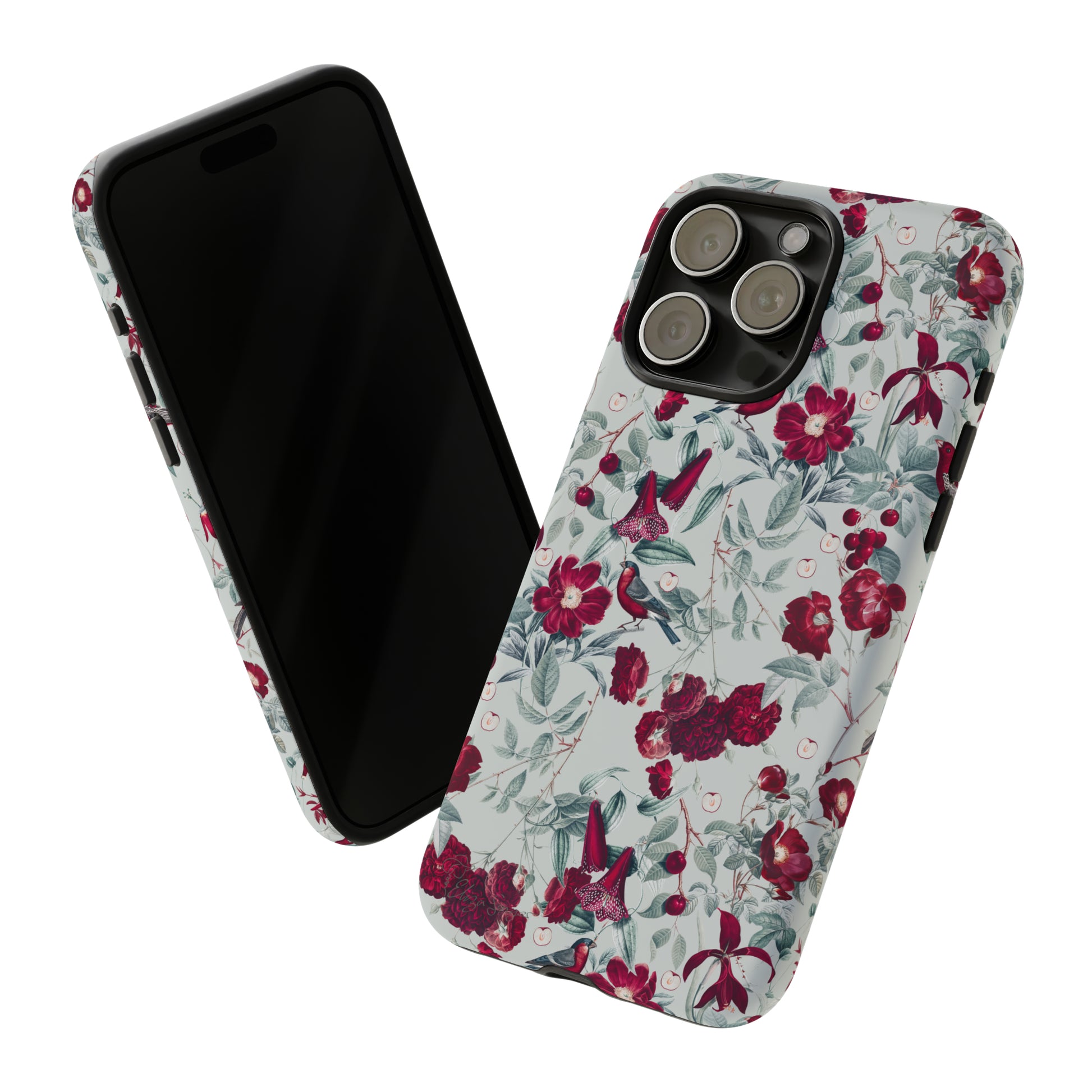 Cherry Blossom Serenade: Cherish nature's beauty with 'Cherry Blossom Serenade.' This iPhone case features flowers and burgundy birds on a blue background, creating a captivating floral wildlife bird and flower design. Elevate your device with this enchanting and stylish protective cover. #ElizaSinger #PhoneCase #FloralDesign