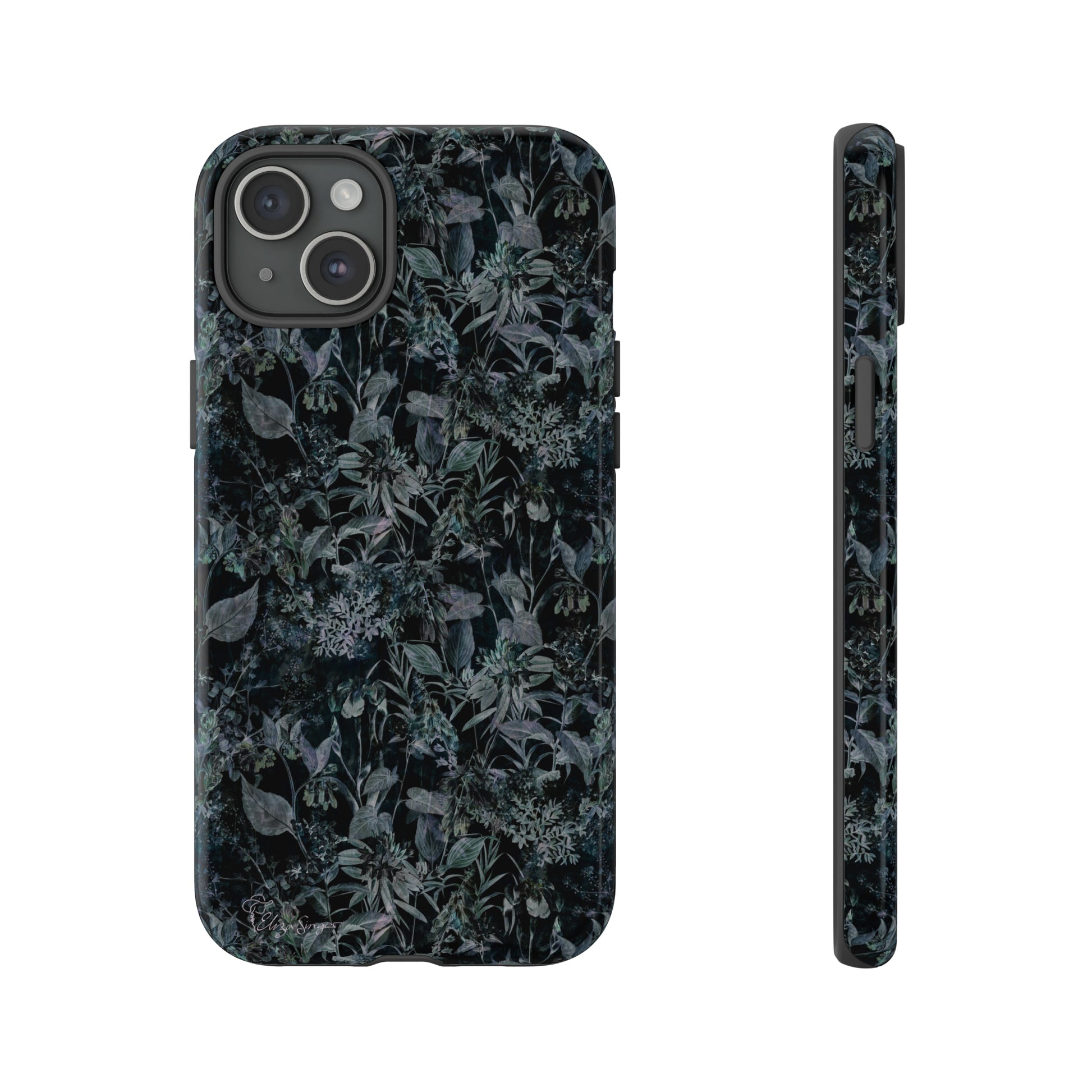 Blossom in Style: Botany Floral Dark Flowers Blue Denim iPhone Tough Protective Cover. This case features a Flower and Muted Grey Design, compatible with iPhone 15, 14, 13, XS, XR Pro/Max/Mini/P/Plus. Unleash Nature's Beauty with Style and Durability. #ElizaSinger #PhoneCase #FloralDesign