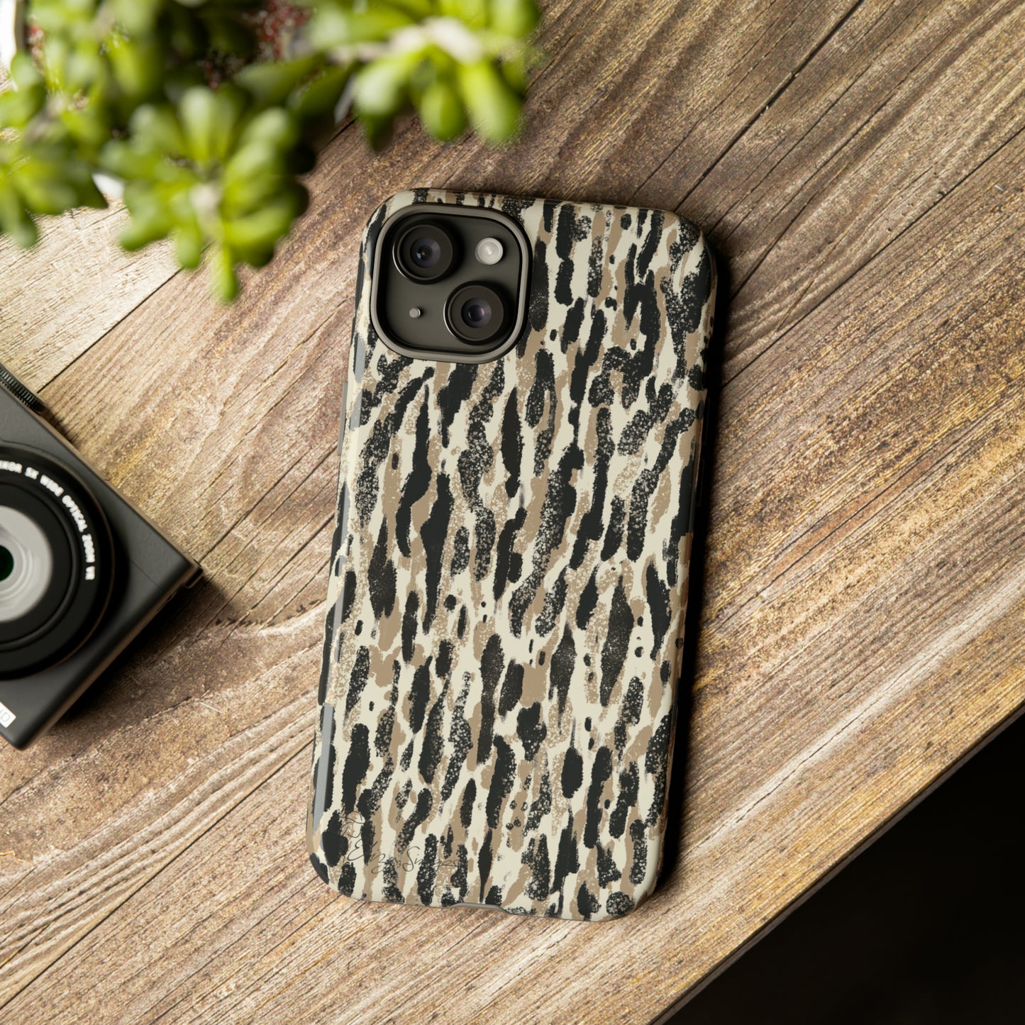 Elevate Your Tech: Abstract Neutral Animal Print iPhone Tough Protective Cover. Leopard-Painted Design in Beige and Black. Compatible with iPhone 15, 14, 13, XS, XR Pro/Max/Mini/P/Plus. Unleash the Wild with Style and Durability. #ElizaSinger #PhoneCase #LeopardPrint 