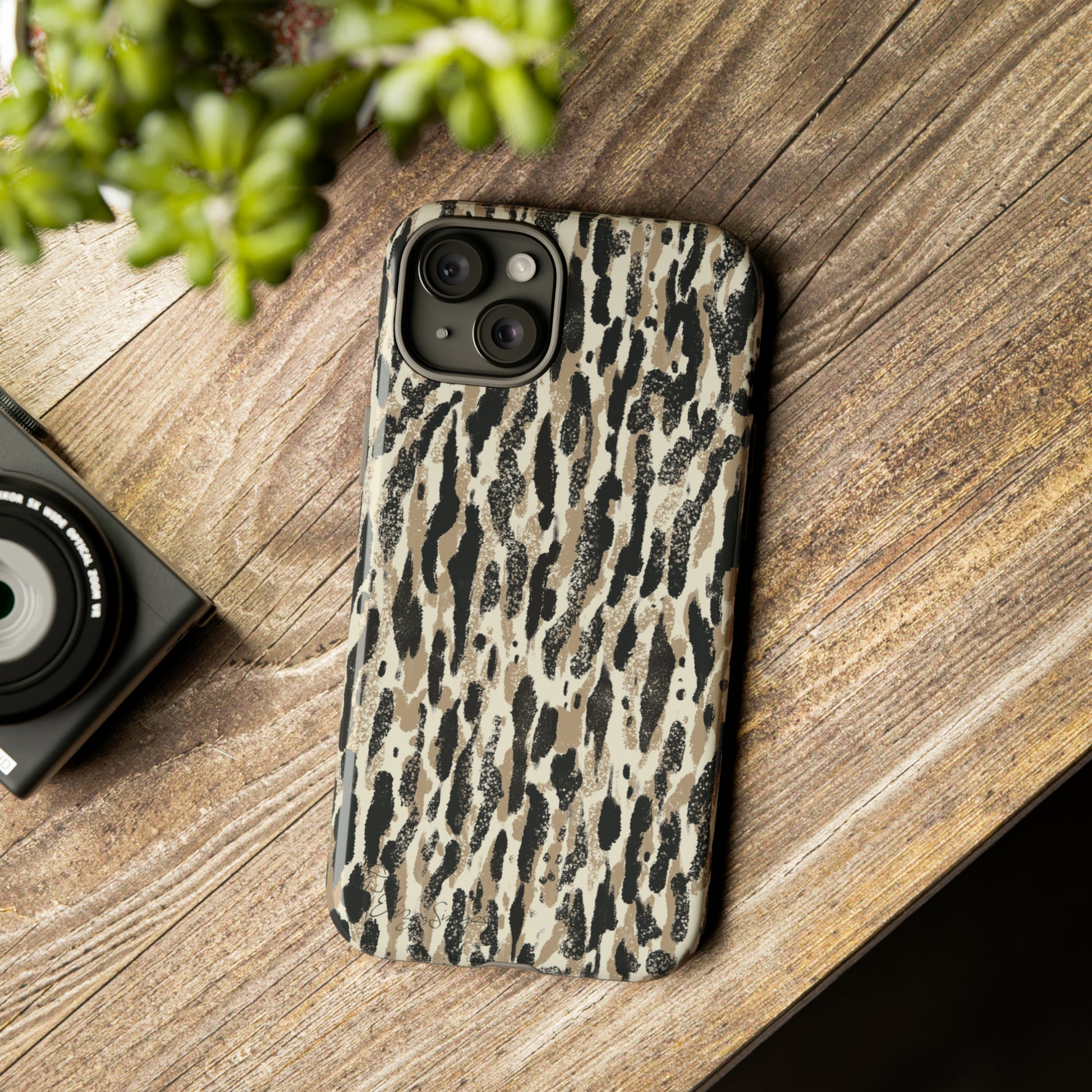 Elevate Your Tech: Abstract Neutral Animal Print iPhone Tough Protective Cover. Leopard-Painted Design in Beige and Black. Compatible with iPhone 15, 14, 13, XS, XR Pro/Max/Mini/P/Plus. Unleash the Wild with Style and Durability. #ElizaSinger #PhoneCase #LeopardPrint 