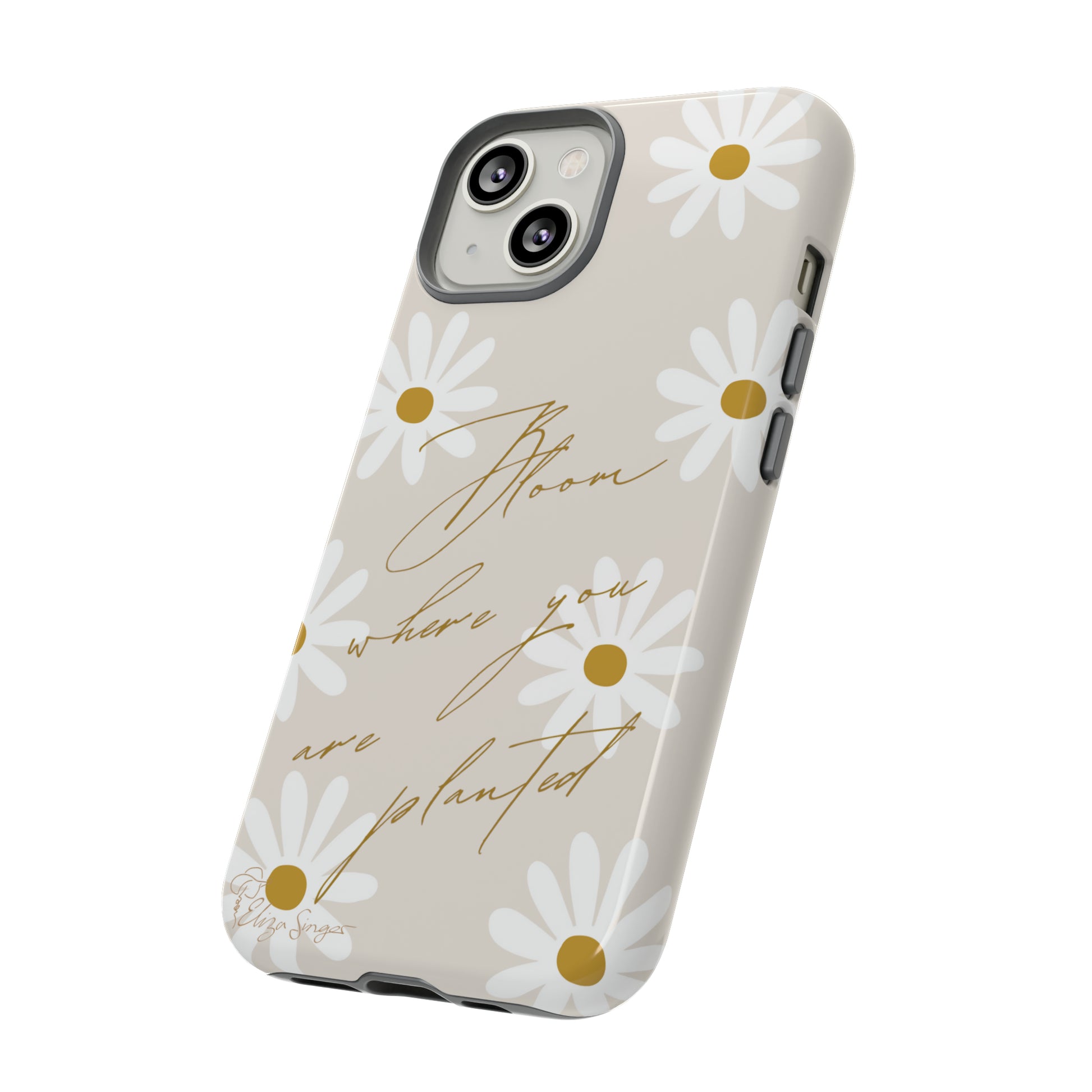 Sunny Boho Blooms: Boho Flower Daisy iPhone Tough Protective Case. A lively fusion of Flowers, Boho, and floral daisies design. Compatible with iPhone 15, 14, 13, XS, XR Pro/Max/Mini/P/Plus. Elevate Your Device with Bohemian Charm and Durability. #ElizaSinger #PhoneCase #FloralDesign