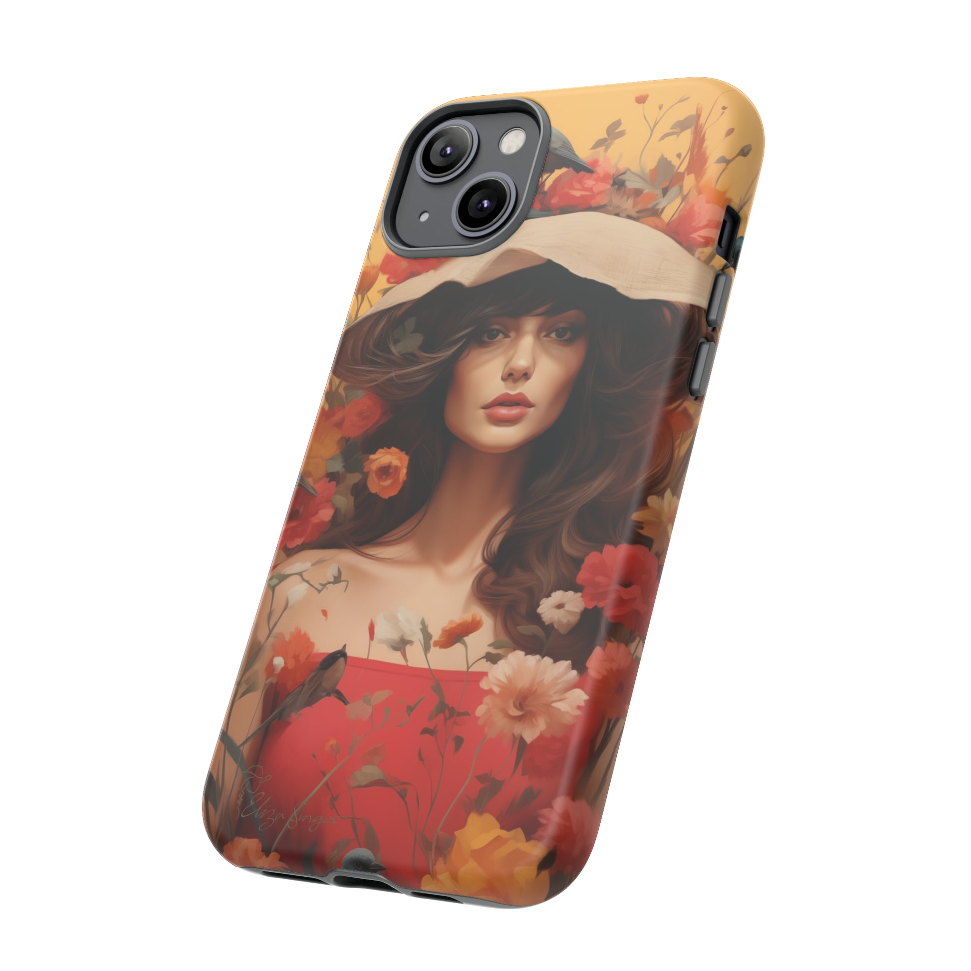 Bask in Sunshine: Embrace the warmth with our Tough Cell Phone Case. A yellow backdrop and a woman in a hat surrounded by flowers create a radiant design. Experience the perfect blend of style and protection, bringing sunshine into your everyday. Elevate your phone with a burst of brightness. #ElizaSinger #PhoneCase #SunshineRadiance