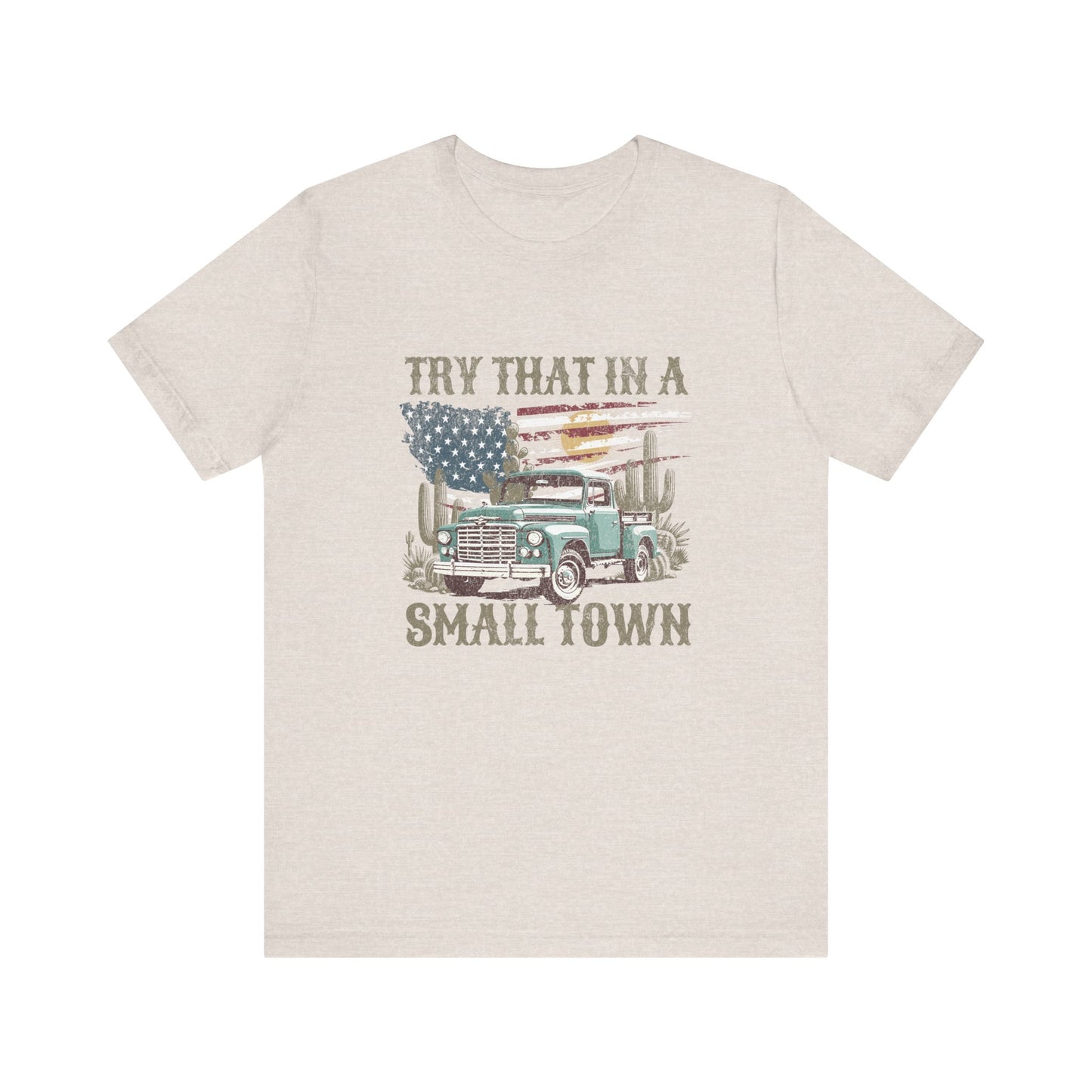 Small Town Pride: Bella Canvas T-shirt with Vintage Pickup and Flag