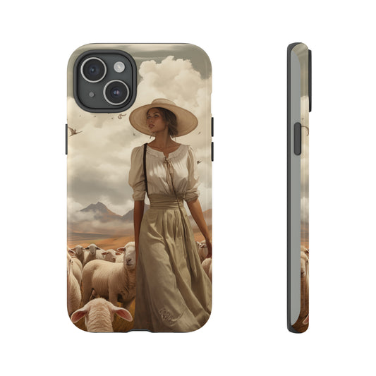 Immerse yourself in a dreamy landscape with our Tough Western Cell Phone Case showcasing a vintage painted design of a woman wearing a hat, walking through a prairie landscape with sheep behind her. Experience the magic of the past with this edition.