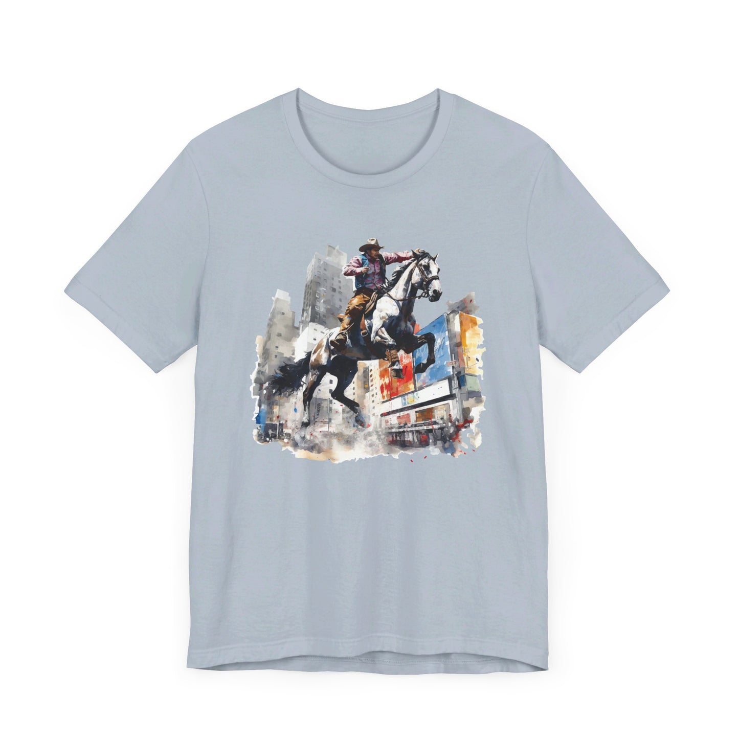 City Rodeo: Bella Canvas T-shirt with Cowboy in Urban Landscape