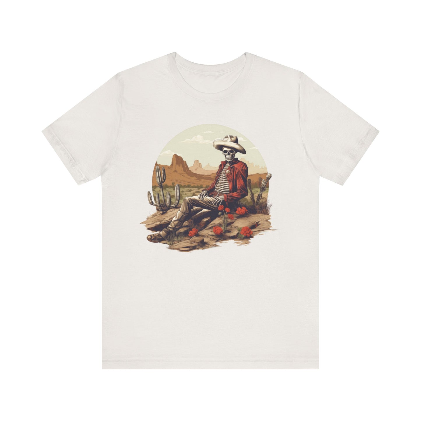 Skeleton Cowboy in Desert: Red Blazer Bella Canvas T-shirt