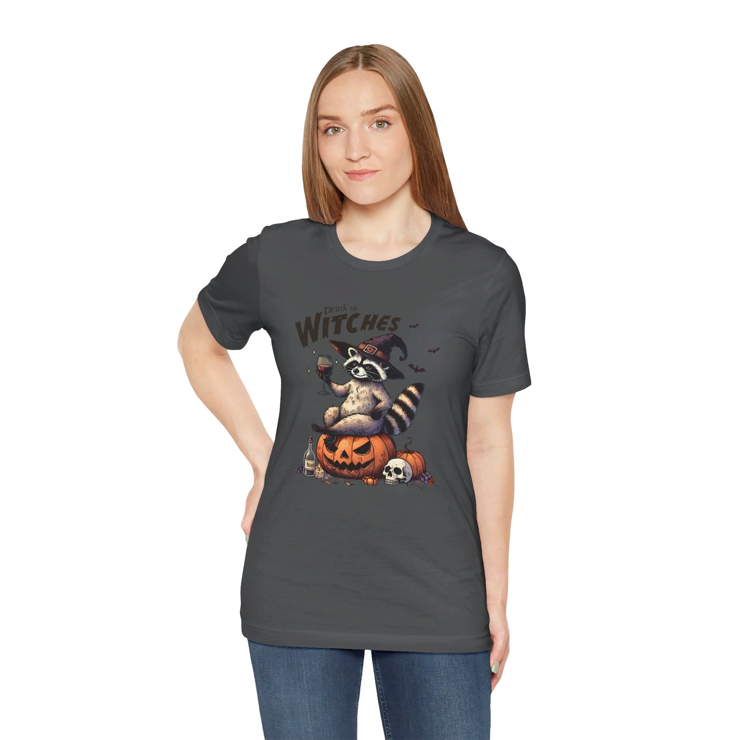 Drink Up Witches: Halloween Bella Canvas T-shirt with Raccoon