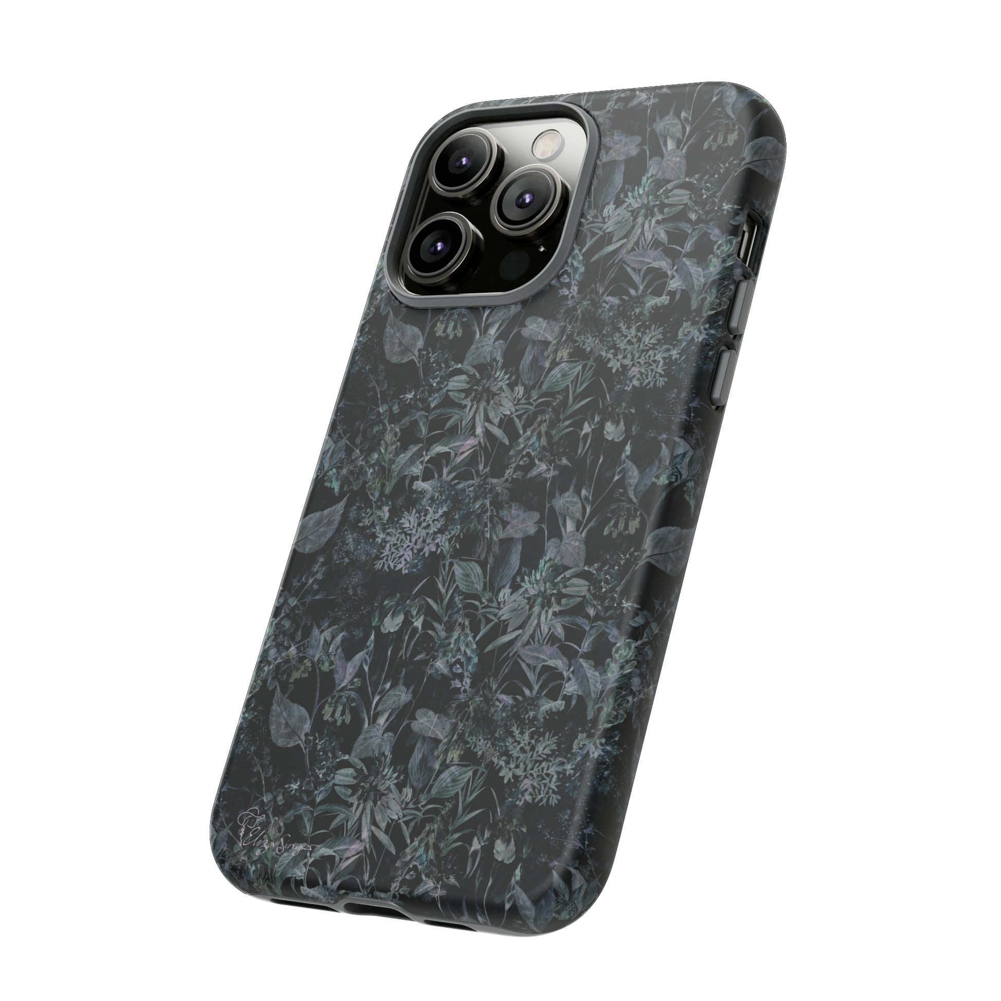 Blossom in Style: Botany Floral Dark Flowers Blue Denim iPhone Tough Protective Cover. This case features a Flower and Muted Grey Design, compatible with iPhone 15, 14, 13, XS, XR Pro/Max/Mini/P/Plus. Unleash Nature's Beauty with Style and Durability. #ElizaSinger #PhoneCase #FloralDesign