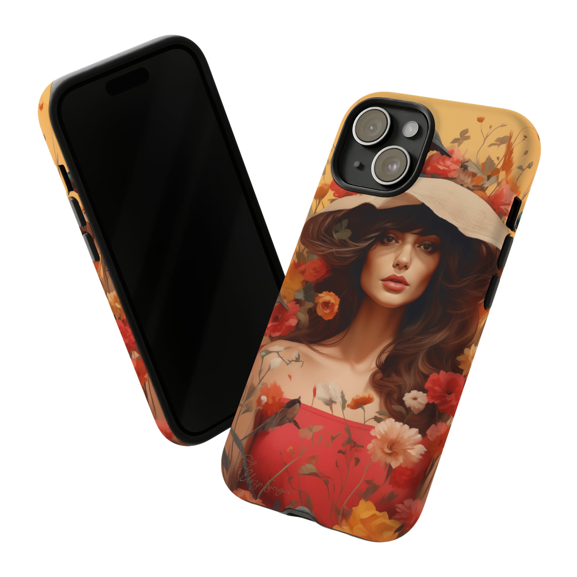 Bask in Sunshine: Embrace the warmth with our Tough Cell Phone Case. A yellow backdrop and a woman in a hat surrounded by flowers create a radiant design. Experience the perfect blend of style and protection, bringing sunshine into your everyday. Elevate your phone with a burst of brightness. #ElizaSinger #PhoneCase #SunshineRadiance