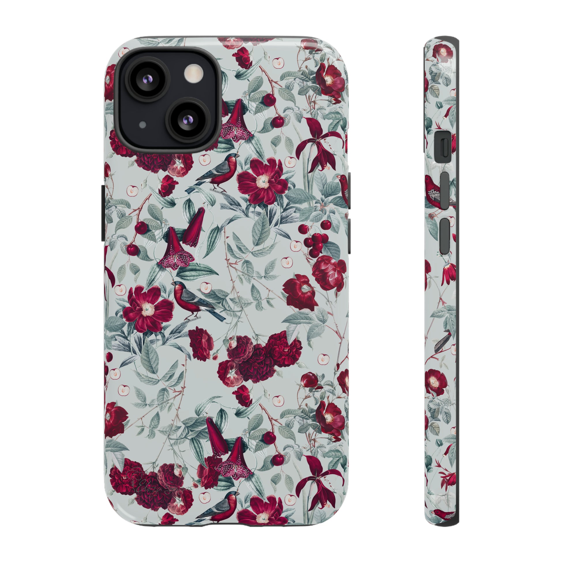 Cherry Blossom Serenade: Cherish nature's beauty with 'Cherry Blossom Serenade.' This iPhone case features flowers and burgundy birds on a blue background, creating a captivating floral wildlife bird and flower design. Elevate your device with this enchanting and stylish protective cover. #ElizaSinger #PhoneCase #FloralDesign