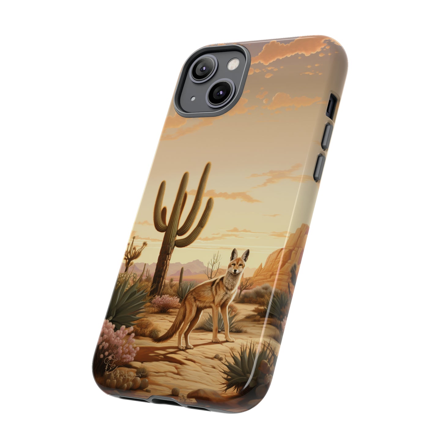 Unveiling our Western Tough Cell Phone Case: Dusk Jackal Oasis Edition! Witness the beauty of dusk with a jackal in a desert landscape next to a cactus. This design offers both rugged protection and a touch of twilight elegance.