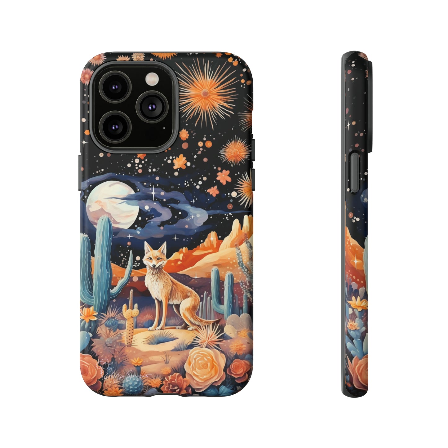 Introducing our Tough Western Cell Phone Case: Midnight Mirage Jackal Edition! Dive into the mysterious desert night with a striking depiction of a jackal, cacti, and a starry sky. This design offers the ideal combination of durability and desert charm.